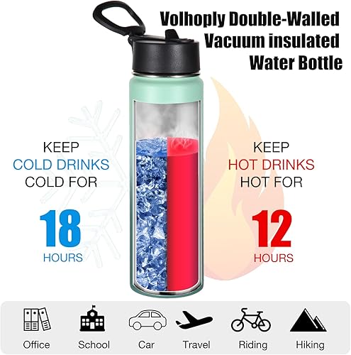 Miniatura 43 de Volhoply Botella de agua aislada de 24 onzas con tapa con pajilla, botellas deportivas de acero inoxidable de boca ancha con asa, tazas de vacío