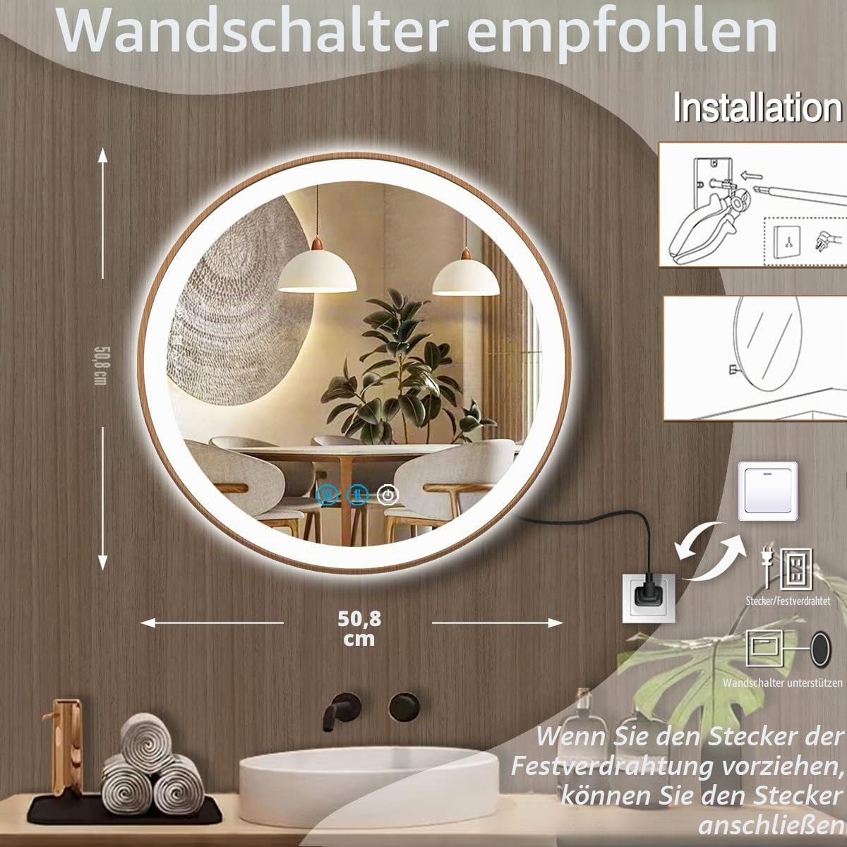 Holzrahmen, runder LED-Badezimmerspiegel mit Lichtern, 50.8 cm, Holz, rund, beleuchtet, Spiegel für Badezimmer, Wand, Schminktisch, Badezimmer, intelligenter Kreisspiegel