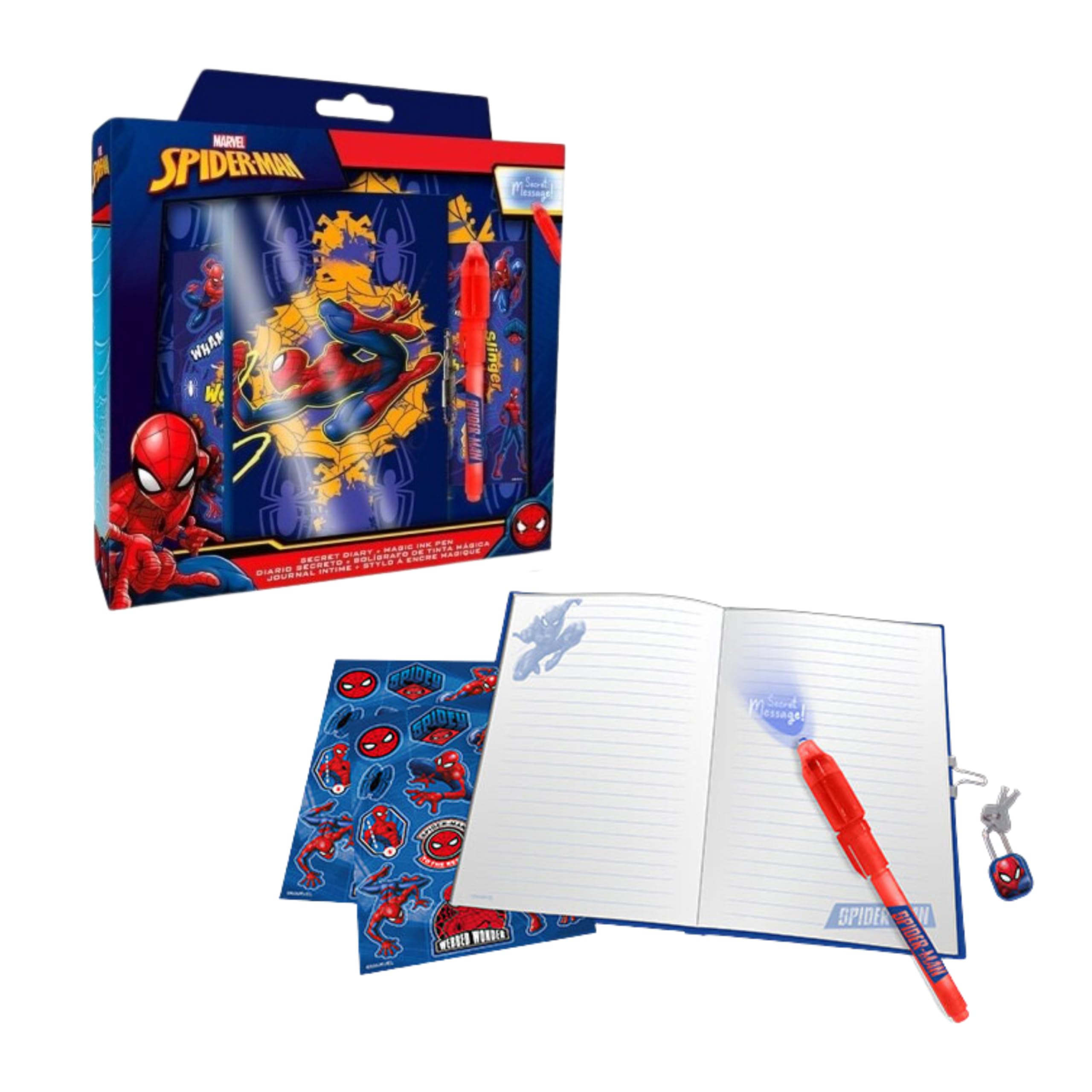 Marvel Spider-Man Juego de Papelería, Incluye Diario Secreto Boligrafo Pegatinas y Candado con Llaves, Regalo Set de Papeleria para Niños