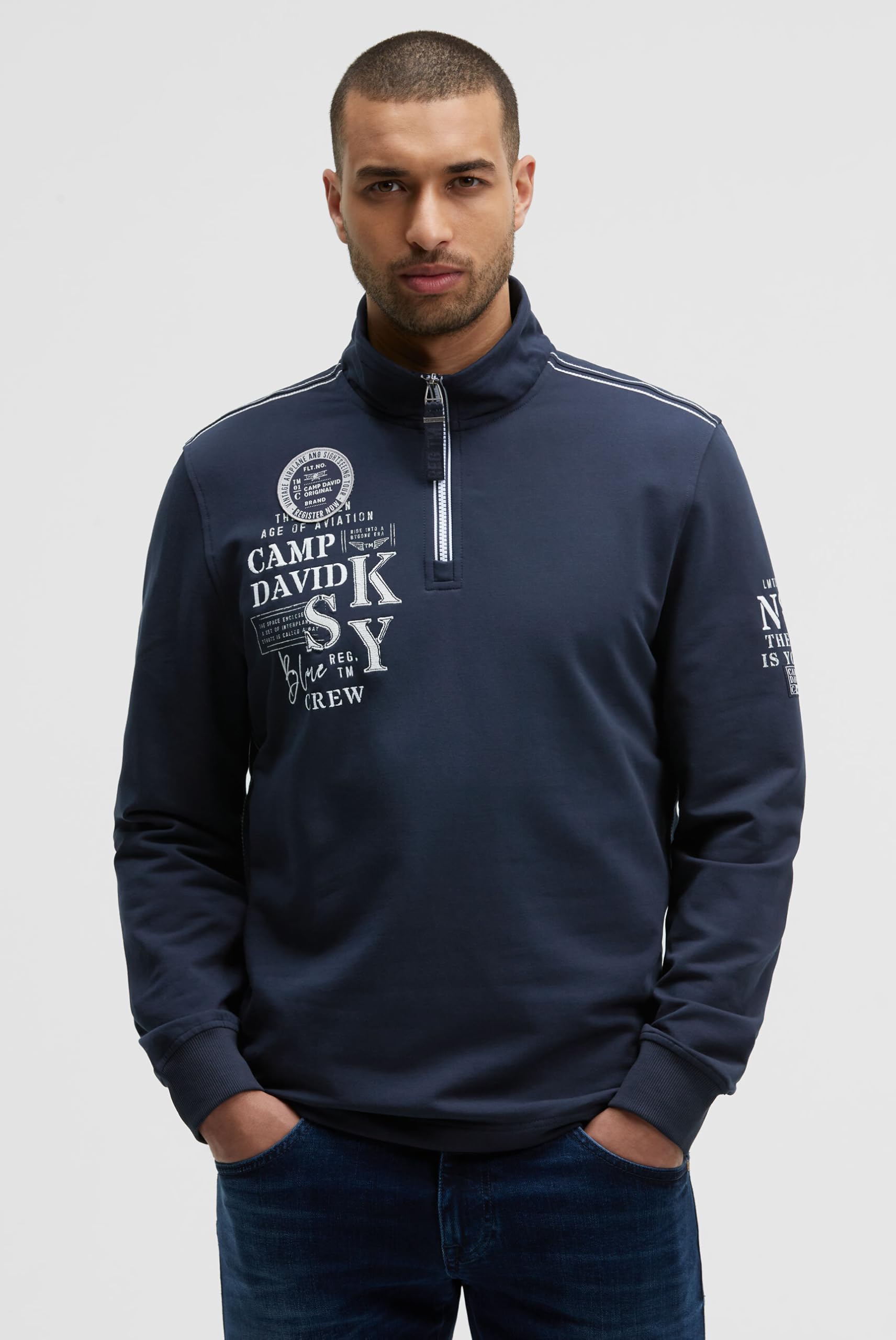 Camp David Herren Troyer-Sweatshirt mit Zipper und Artworks Blue Navy