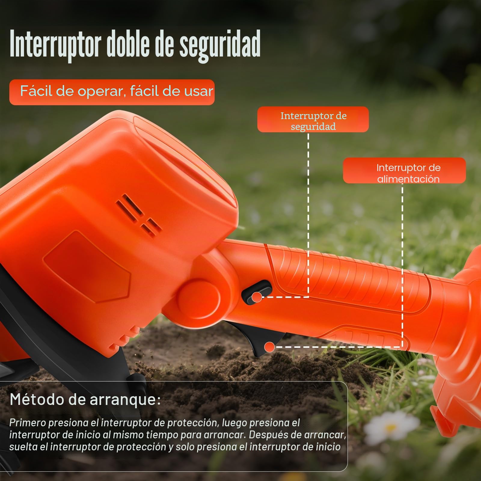Cultivador de Mano a Batería para Makita 18V (sin Batería) (Barra 1,3 m) | 550W, Rotavator de Jardín, Profundidad de Fresado 10 cm, Ancho 10 cm, Azada