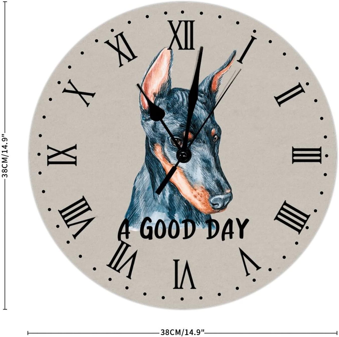 Painted Dobermann Wall Clock A Good Day Dog Decor Dobermann Dog Mom Large Wooden Wall Clocks Battery Operated 15 Inch Non-Ticking Farmhouse Home Decor for Bedroom Living Room Kitchen School Classroom