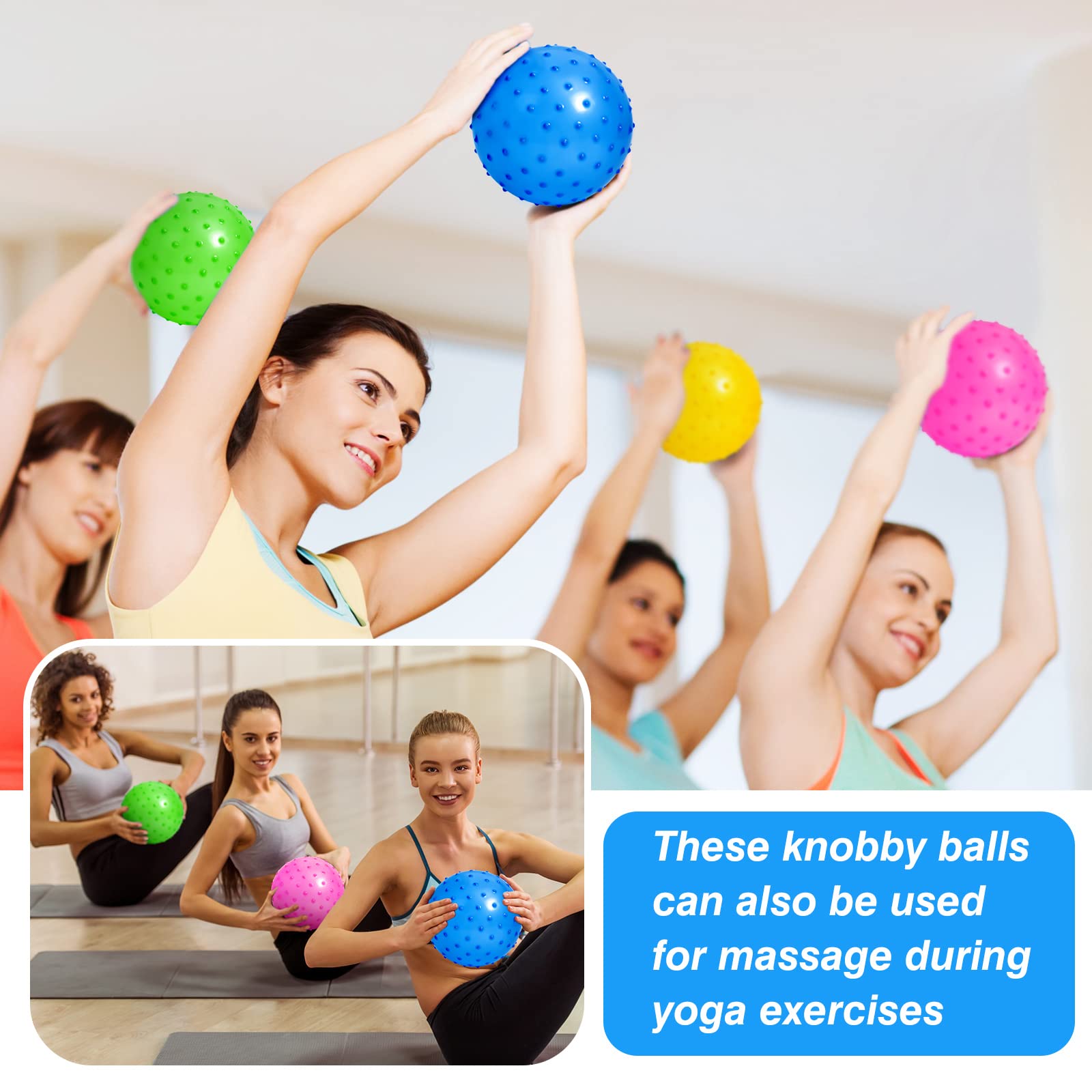 Paquete de 100 bolas Knobby a granel con 1 bomba de aire de 5.5 pulgadas, juguete sensorial de plástico hinchable, globo pequeño, juguete inflable para masaje, estrés y estrés, bolas de juegos 5