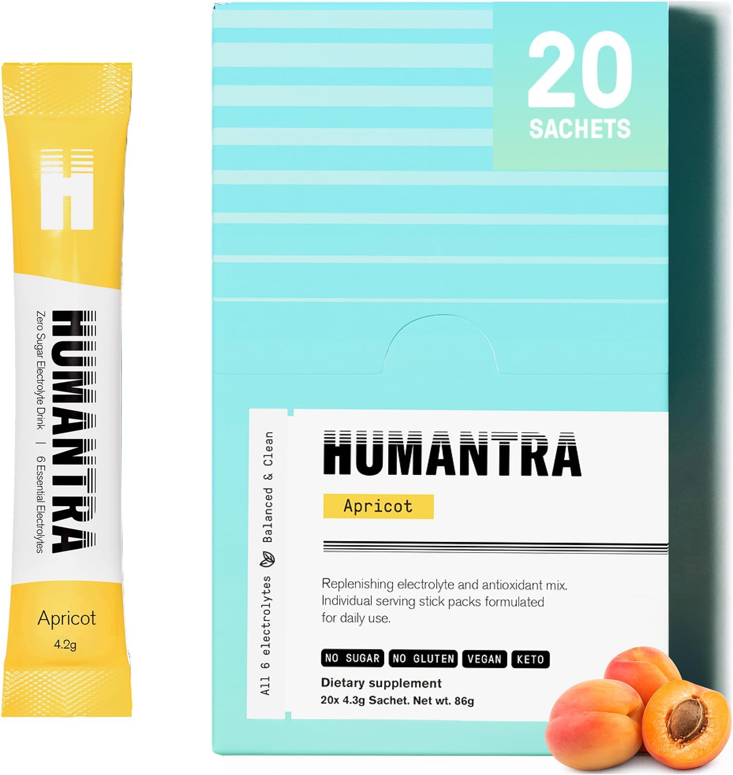 – Humantra Electrolytes Powder - Apricot Flavor, 20ct - Powdered Hydration Sachets - Plant-Based Electrolyte with 6 Electrolytes - Vegan, Sugar Free, Gluten Free