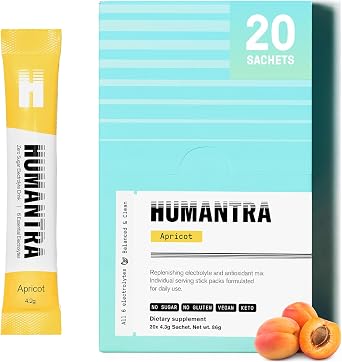 Humantra Electrolytes Powder - Apricot Flavor, 20ct - Powdered Hydration Sachets - Plant-Based Electrolyte with 6 Electrolytes - Vegan, Sugar Free, Gluten Free