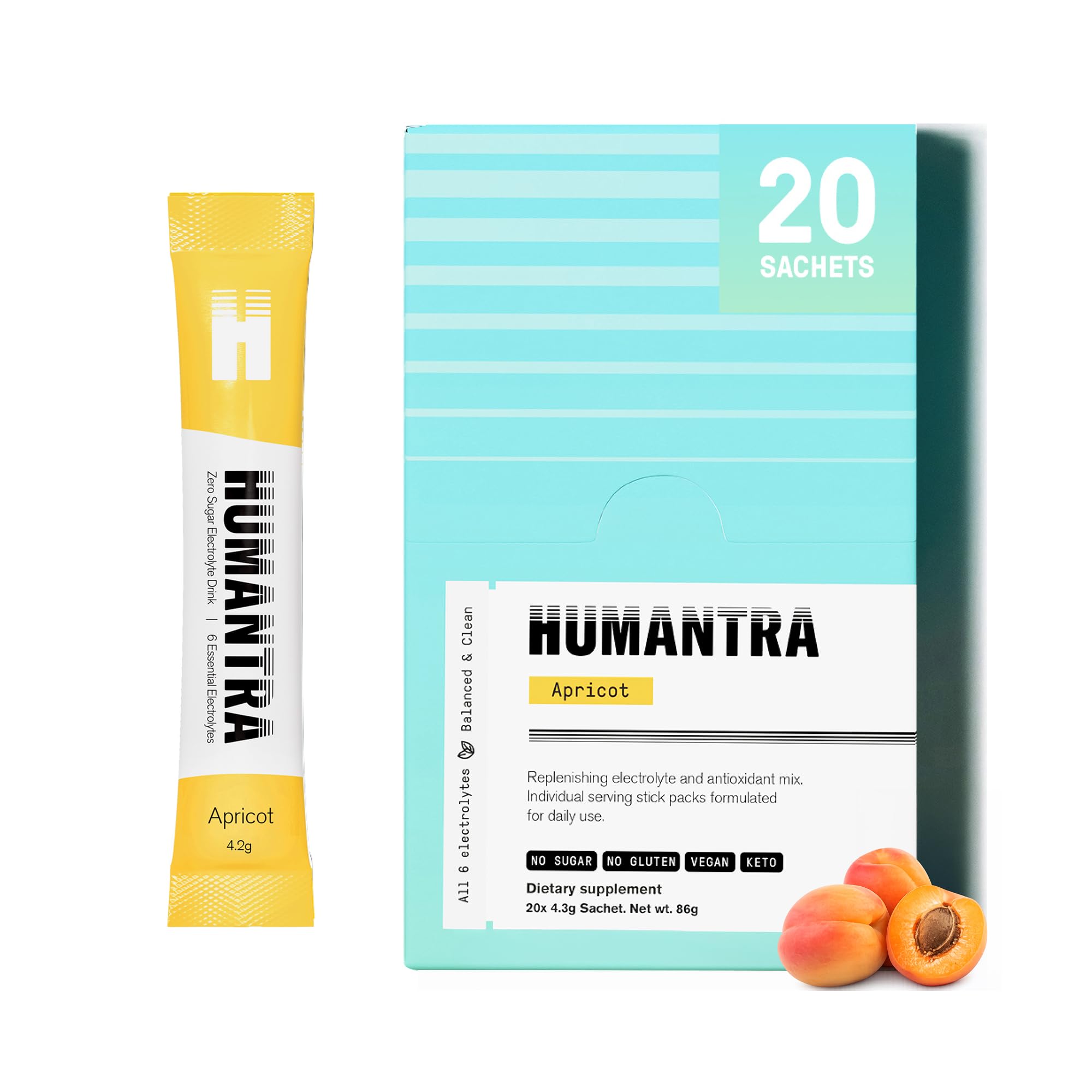 – Humantra Electrolytes Powder - Apricot Flavor, 20ct - Powdered Hydration Sachets - Plant-Based Electrolyte with 6 Electrolytes - Vegan, Sugar Free, Gluten Free