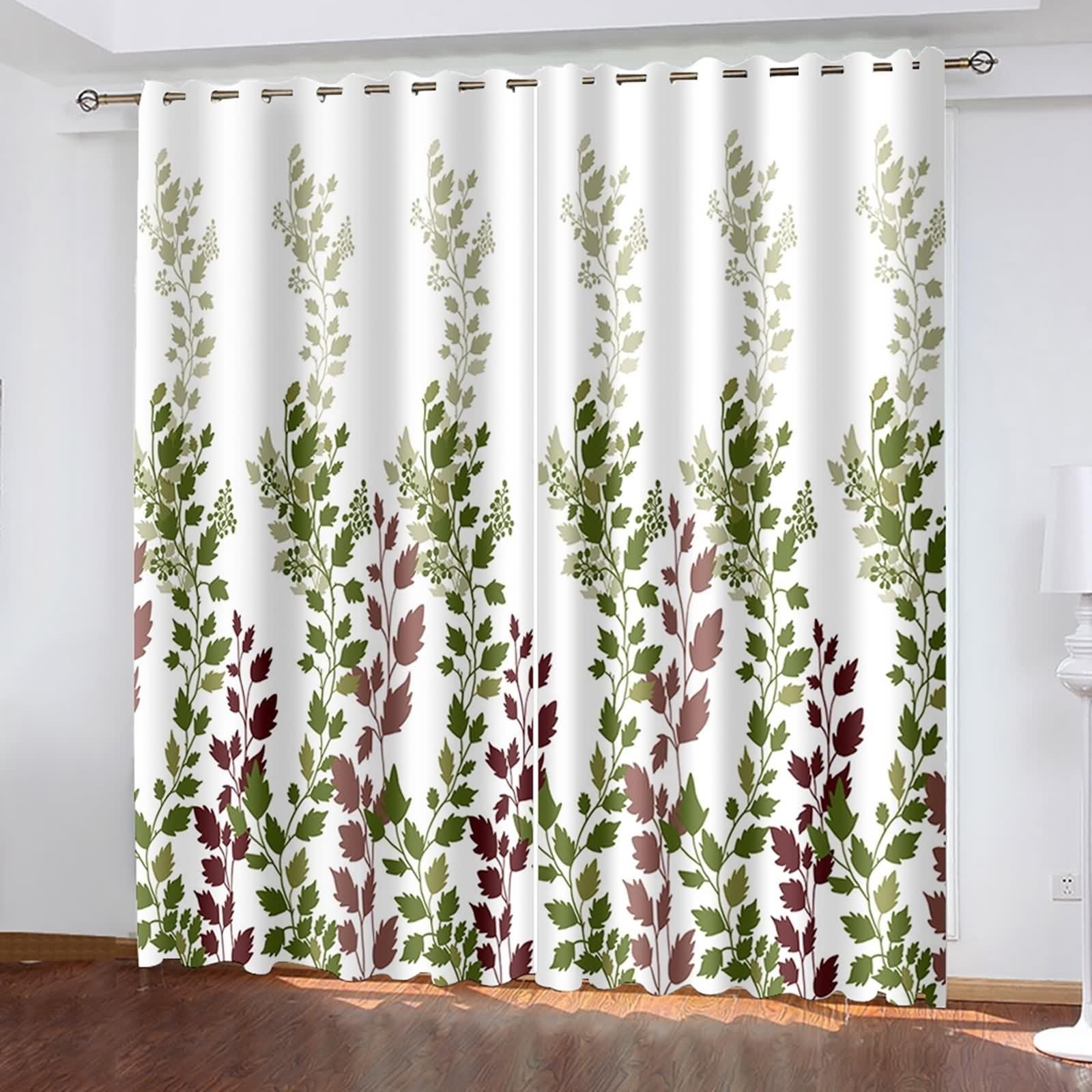 Zasłona kuchenna w stylu vintage, poliester, zielona, gałązka i wzór liści, zestaw 2 sztuk, szer. 132 x wys. 274 cm