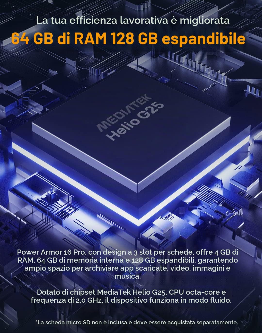 Smartphone Rugged Ulefone ARMOR 16 PRO Android 12, Altoparlante 122dB, 9600mAh Batteria, Torcia Antiriflesso, Fotocamera 16MP+8MP, 4GB+64GB, 5,93" IP68 Cellulare Robusto, Slot Per 3 Schede, Arancia