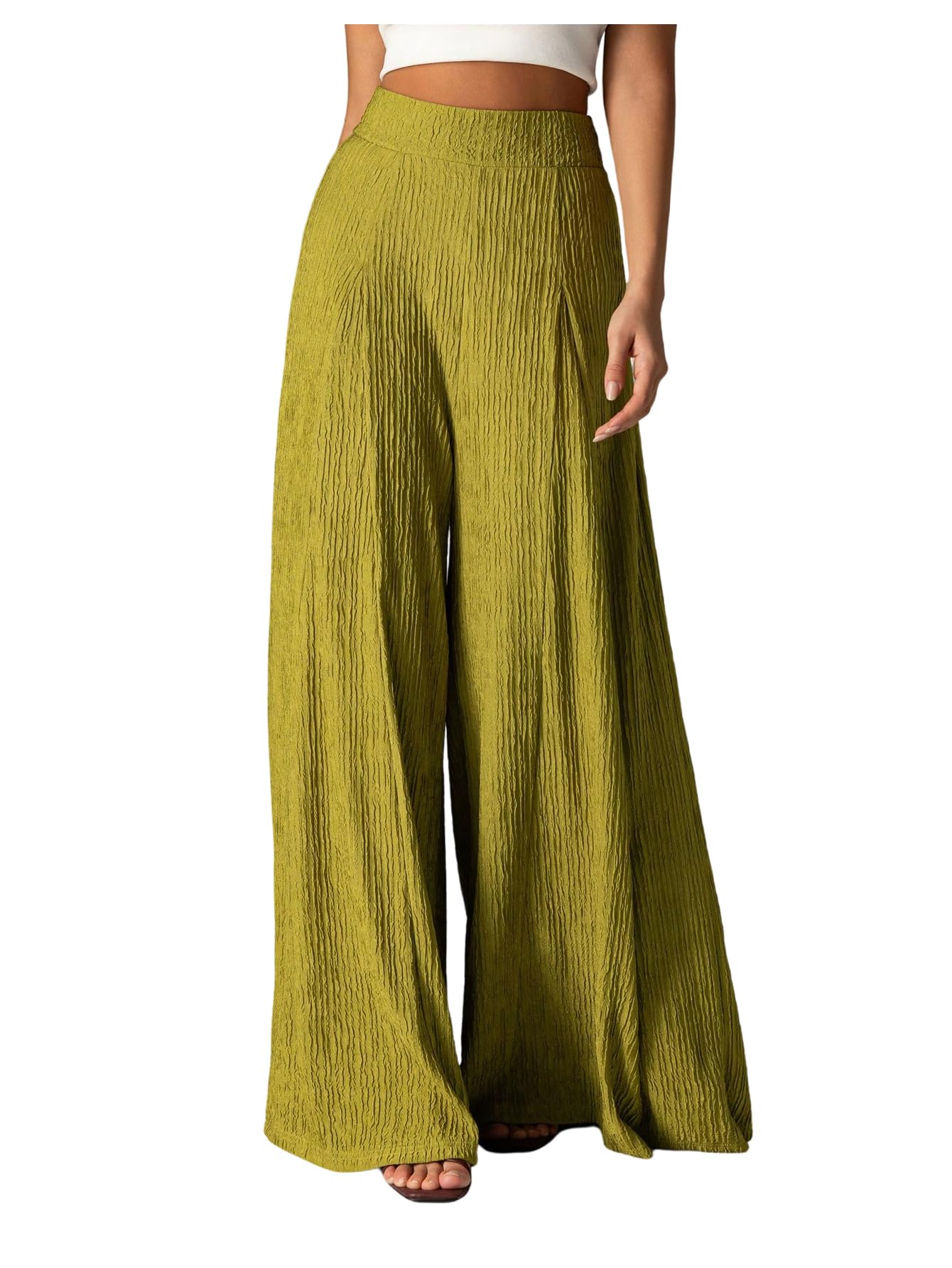 GORGLITTER Womens Flowy Wide Leg Pants Casual Textured Elastic High Waisted Palazzo Trousers