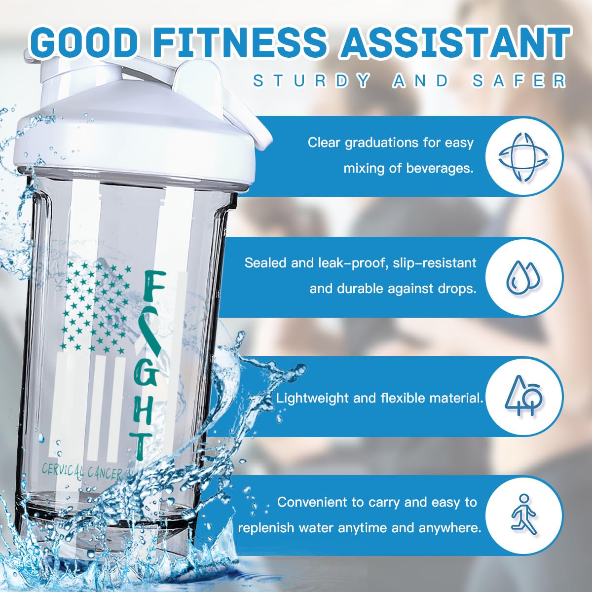 Breast Cancer Warrior Support Squad Cervical Cancer Awareness 18 Ounce Shaker Bottle Drink Mixer Leak-proof Pre Workout Protein Shakes Meal Replacement Shakes Bottles 500ML/18 Oz White