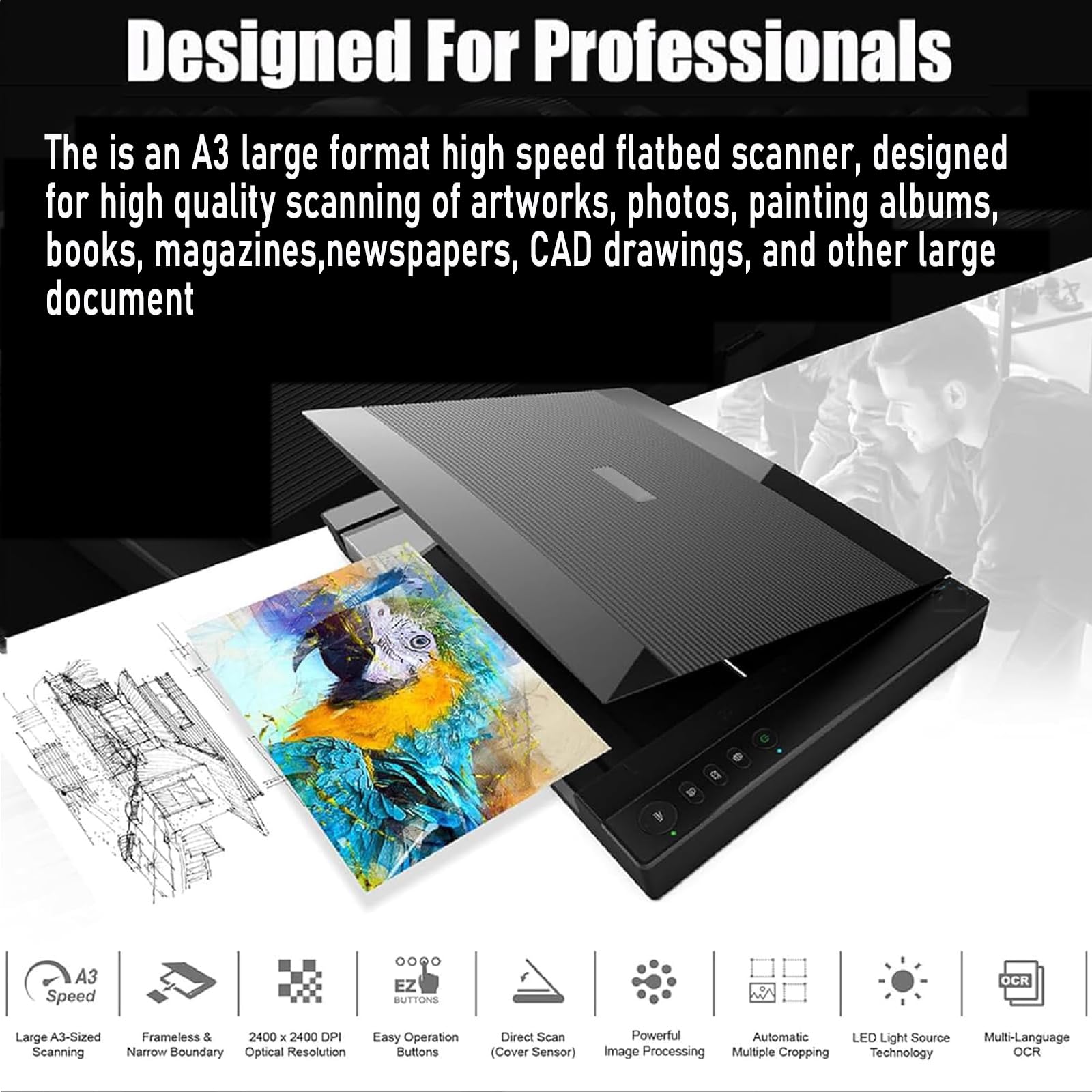 Escáner Plano De Gran Formato A3, Escáner De Documentos, Fotos Y Libros, 1200 PPP, Escanea 30,5 Cm X 42,7 Cm En 8 Segundos, con Fuente De Luz LED, para Bibliotecas Y Escuelas