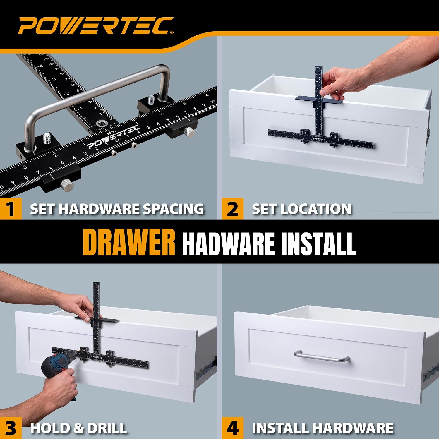 POWERTEC Cabinet Hardware Jig for Knobs & Pulls, Adjustable Drill Guide Template with 5mm Drill Bit, 1"–16" Centering Range, Metric & Imperial Scales for Cabinet Door & Drawer Installation (72427)