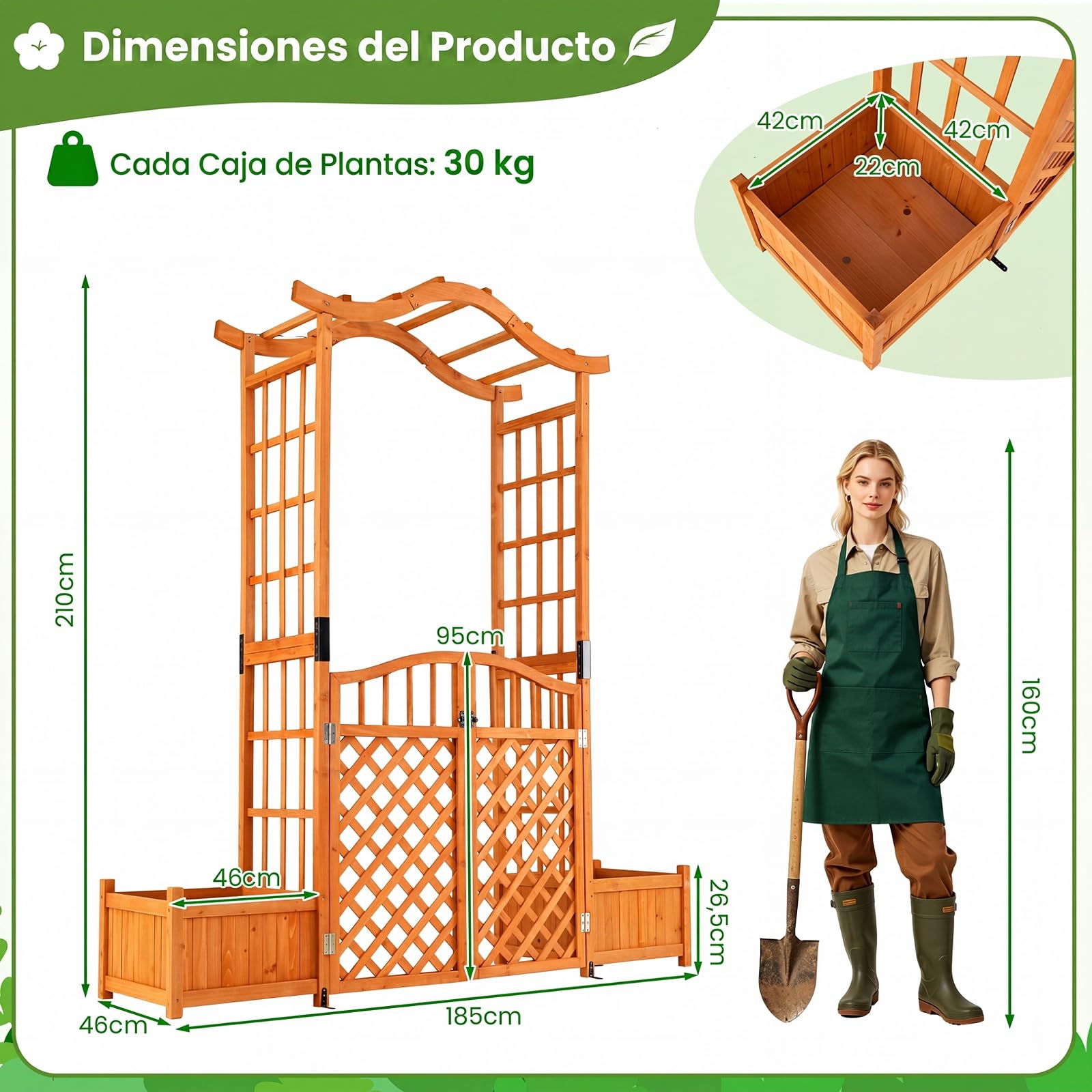 COSTWAY 210 cm Jardinera con Celosia, Pérgola de Jardín con Puerta y 2 Jardineras, Arco Jardin Exterior de Madera con Orificios de Drenaje, Enrejado para Plantas Trepadoras, Rosas y Enredaderas