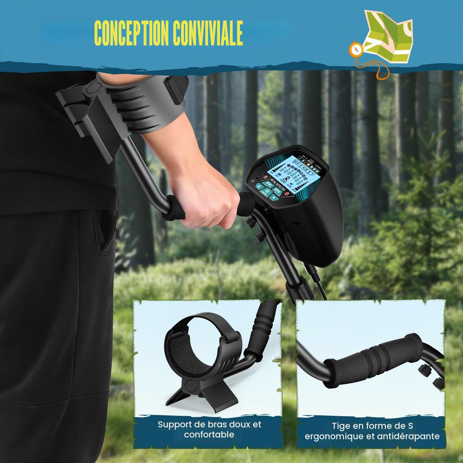 Détecteur de métaux professionnel avec 2 batteries rechargeables,3 modes Détecteurs de métaux pour adultes et enfants,longueur réglable (113-141 cm),détecteur de métaux rechargeable avec bobine (Bleu)