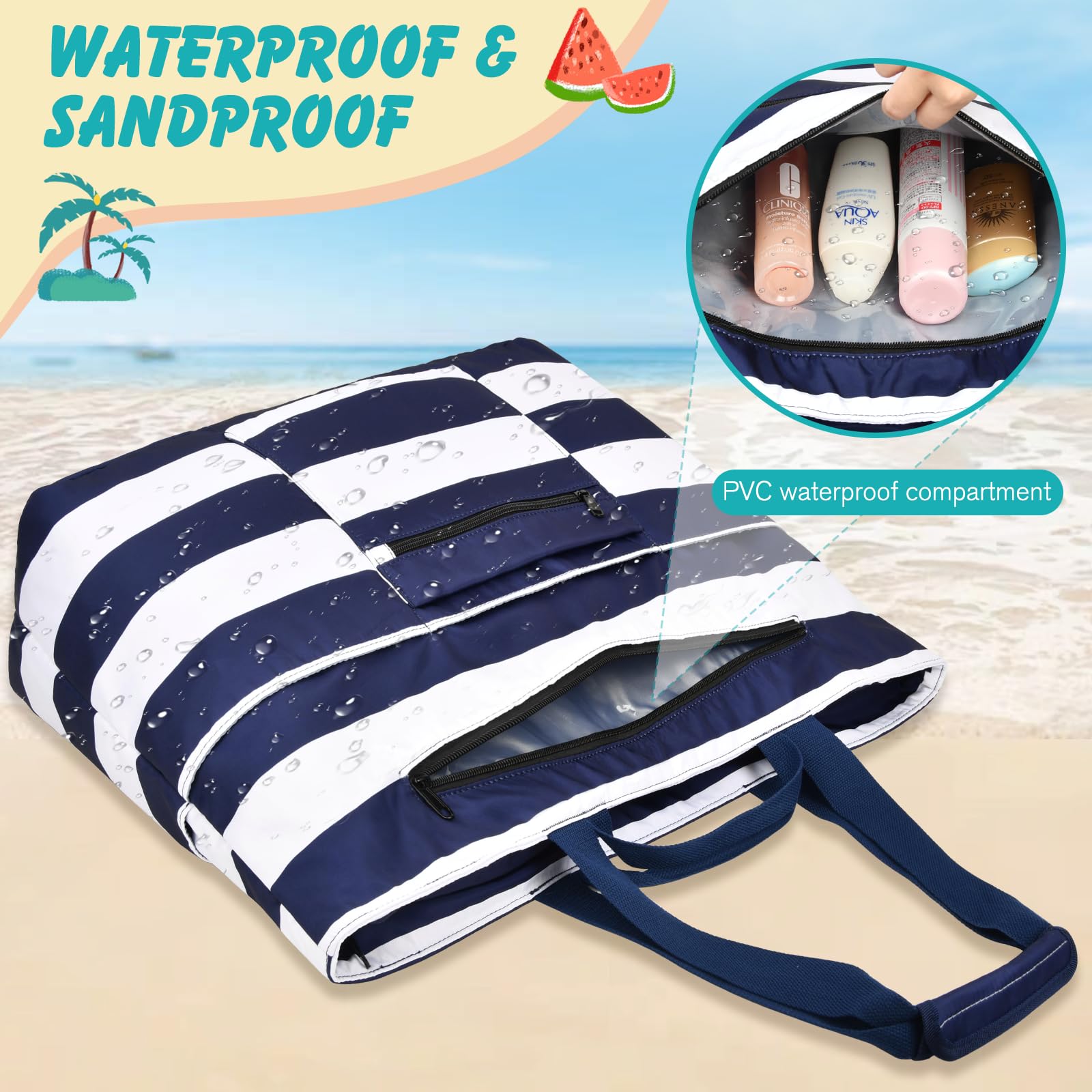 Sac De Plage Femme, Grand Sac Plage Avec Fermeture Éclair Xxl Family Bag Imperméable Pliable Beach Bag Cabas Femme Pour Piscine, Shopping, Vacances. 50L,Rayures bleu-blanc