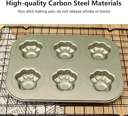 Miniatura 3 de EALEK Paquete de 2 moldes antiadherentes Madeleine, 6 tazas resistentes con forma de pata de gato para hornear (dorado)