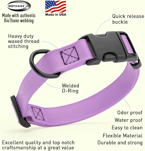 Dogline Biothane Waterproof Dog Collar with Quick Release Buckle Strong Coated Nylon Webbing with Odor- Proof for Easy Care Easy to Clean Fits Small Medium Large Dogs, Amethyst Purple 1 W 15-23 L