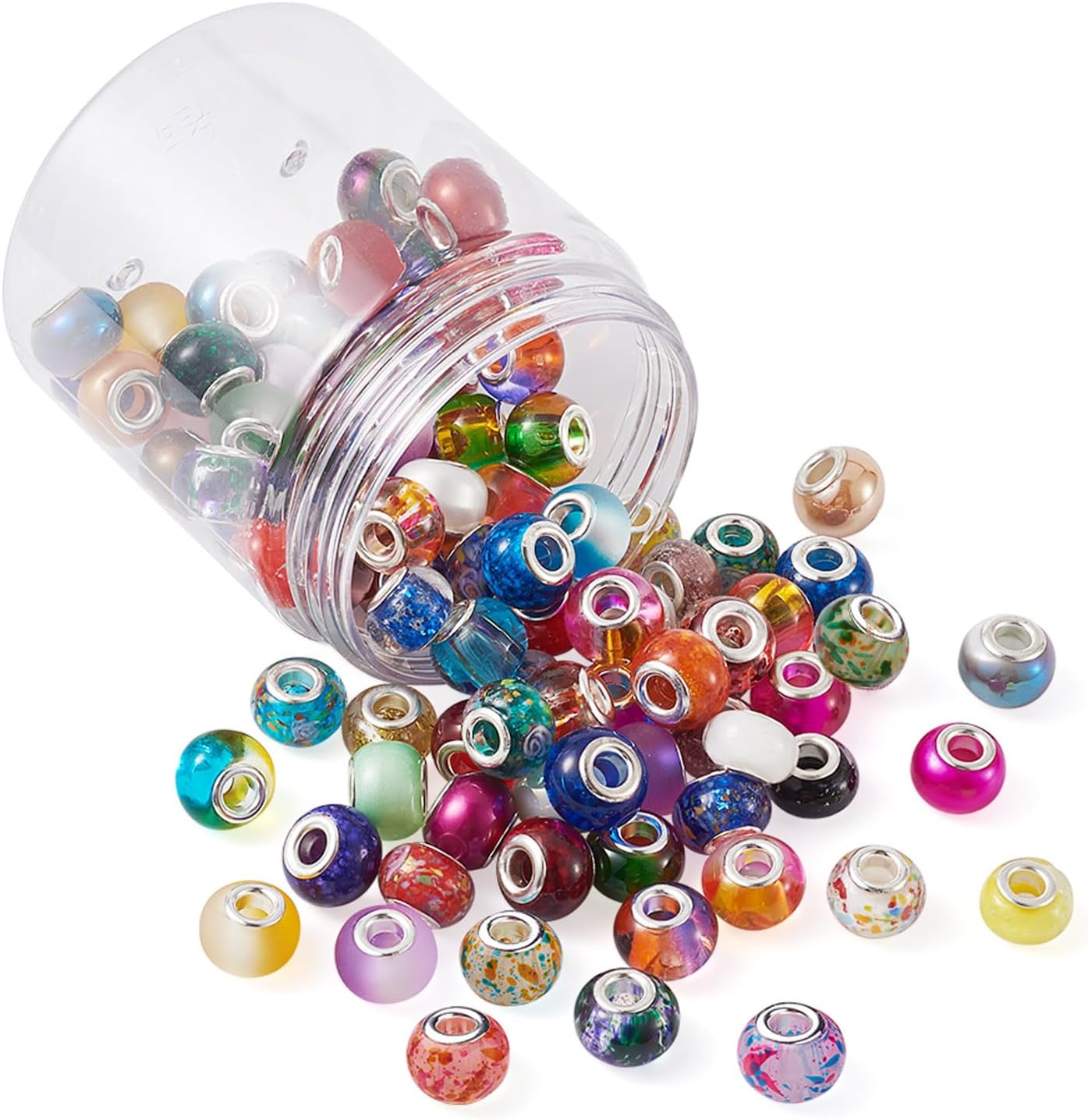 Craftdady 100Pcs Mixed Colors Glass European Beads Large Hole Rondelle Slider Beads with Brass Cores 13-15x9-12mm Fit Snake Chain Charm Bracelet Jewelry Making