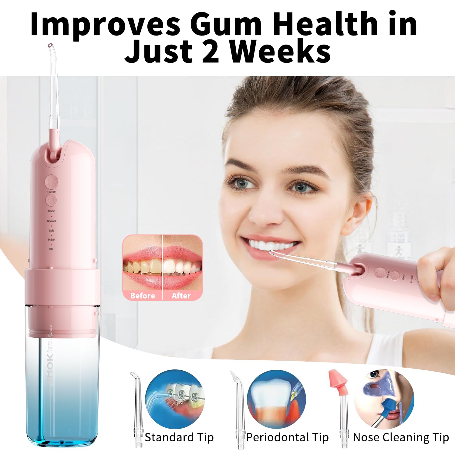 JIMOK Irrigador dental de agua inalámbrico para dientes, irrigador oral portátil, 4 modos con bricolaje, 6 puntas de chorro, tanque de agua extraíble para una fácil limpieza, funda portátil para