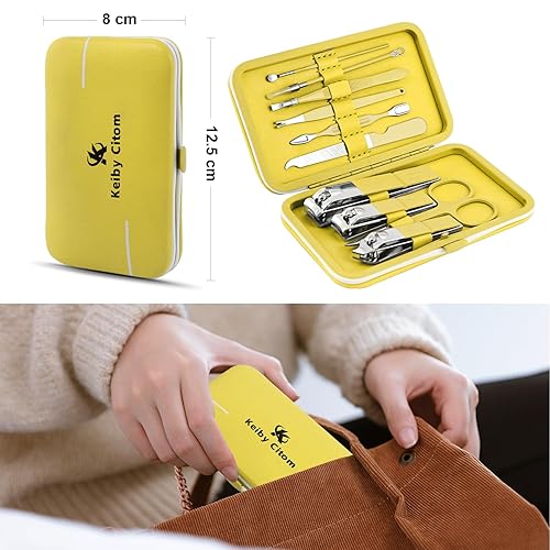 Miniatura 3 de Juego de manicura, mini cortaúñas de viaje, kit de herramientas de cuidado de pedicura, 10 piezas de acero inoxidable kit de aseo (amarillo)