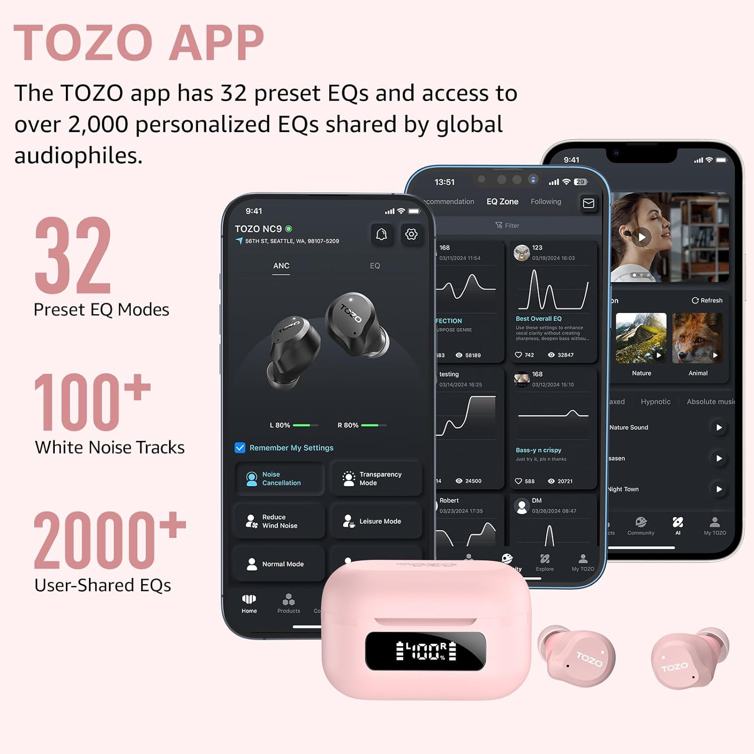 TOZO HT3 Hybrid Noise Cancelling Headphones, Spatial Audio AI Chat with 5 Mics, NC9 Hybrid Active Noise Cancelling Wireless Earbuds
