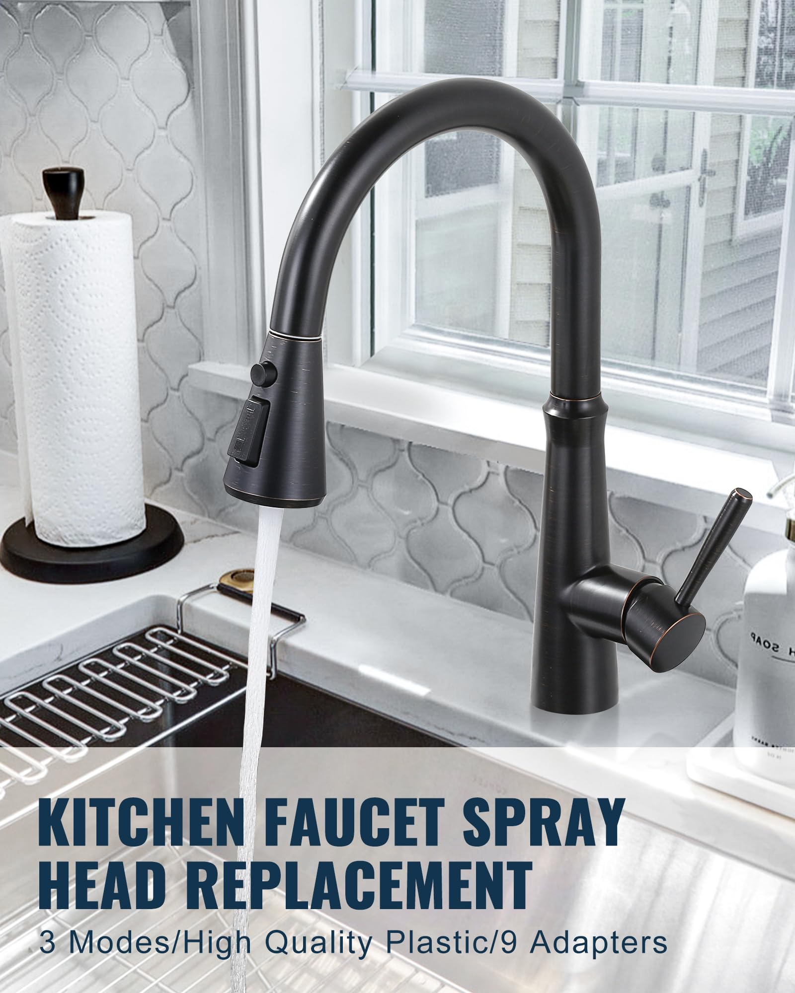 Cabezal de pulverización extraíble de repuesto para grifo de cocina con 9 adaptadores, boquilla de pulverización extraíble de 3 funciones compatible con Moen, grifos estándar americanos, bronce