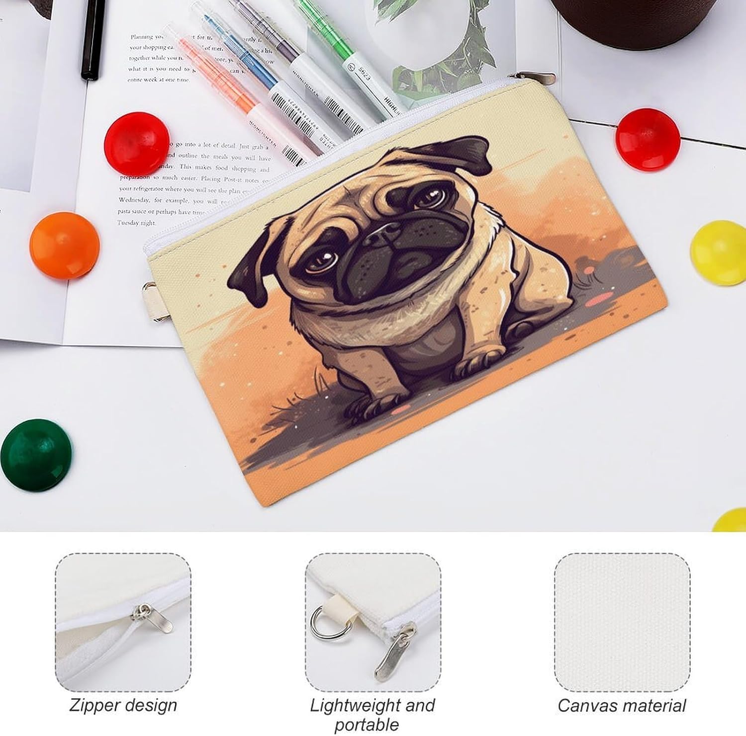 Pug Cartoon Coin Purse Mini Pouch Change Wallet with Keychain Portable Coin Pouch Canvas Change Purse