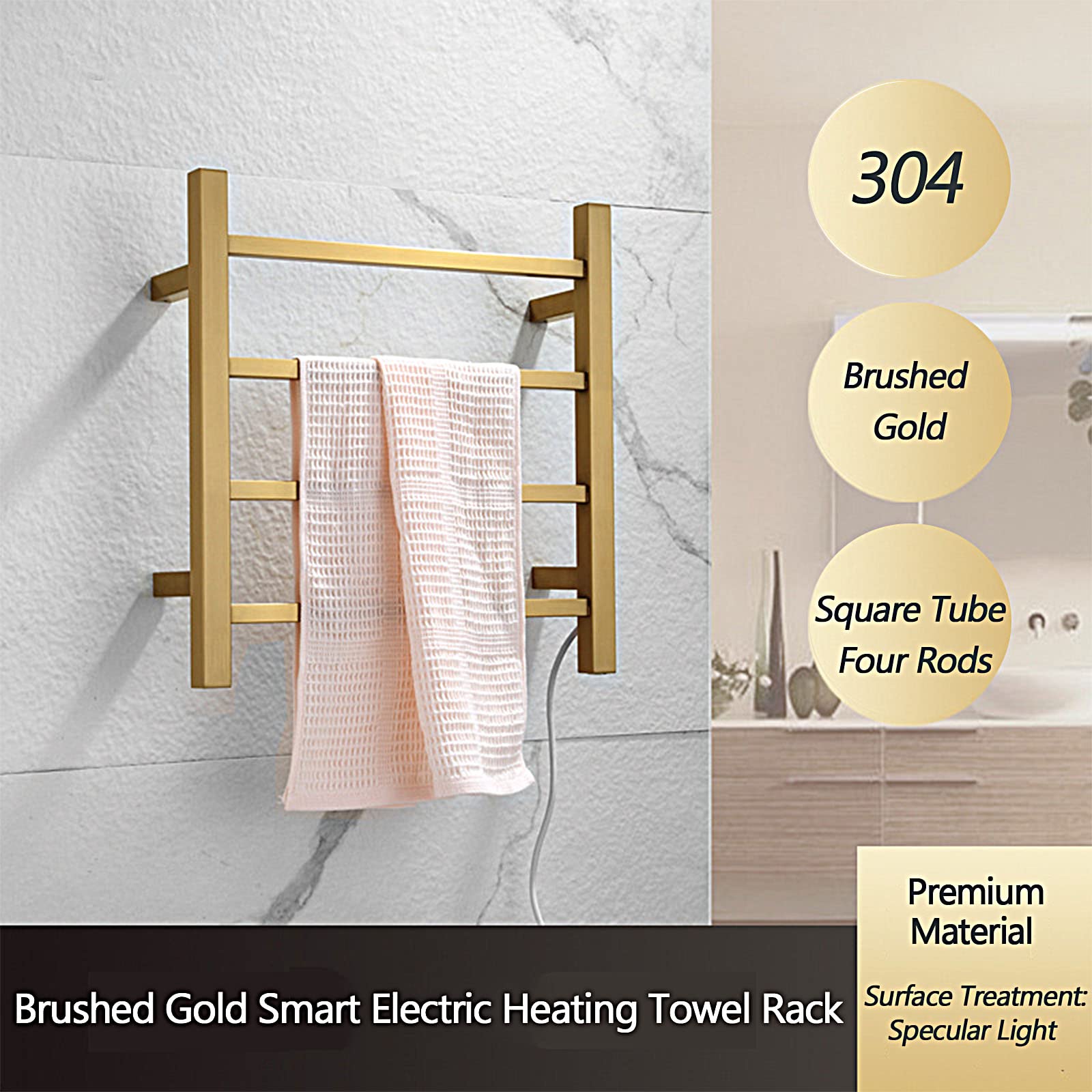 YJSG Towel Warmer,Heated Towel Rack Gold,Wall Mounted Towel Rack 4 Heating Rods Towel Warmers for Bathroom Low Power Towel Warmers Spa with Switch,Gold,Hard~wired