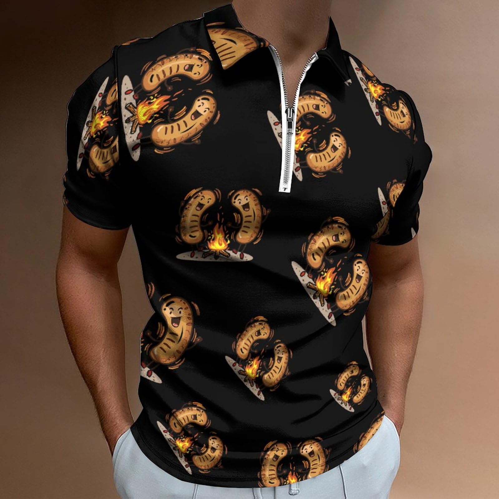 Dancing Sausage Men's Zipper Polo Shirts Short Sleeve Casual Slim Fit Golf Shirt M