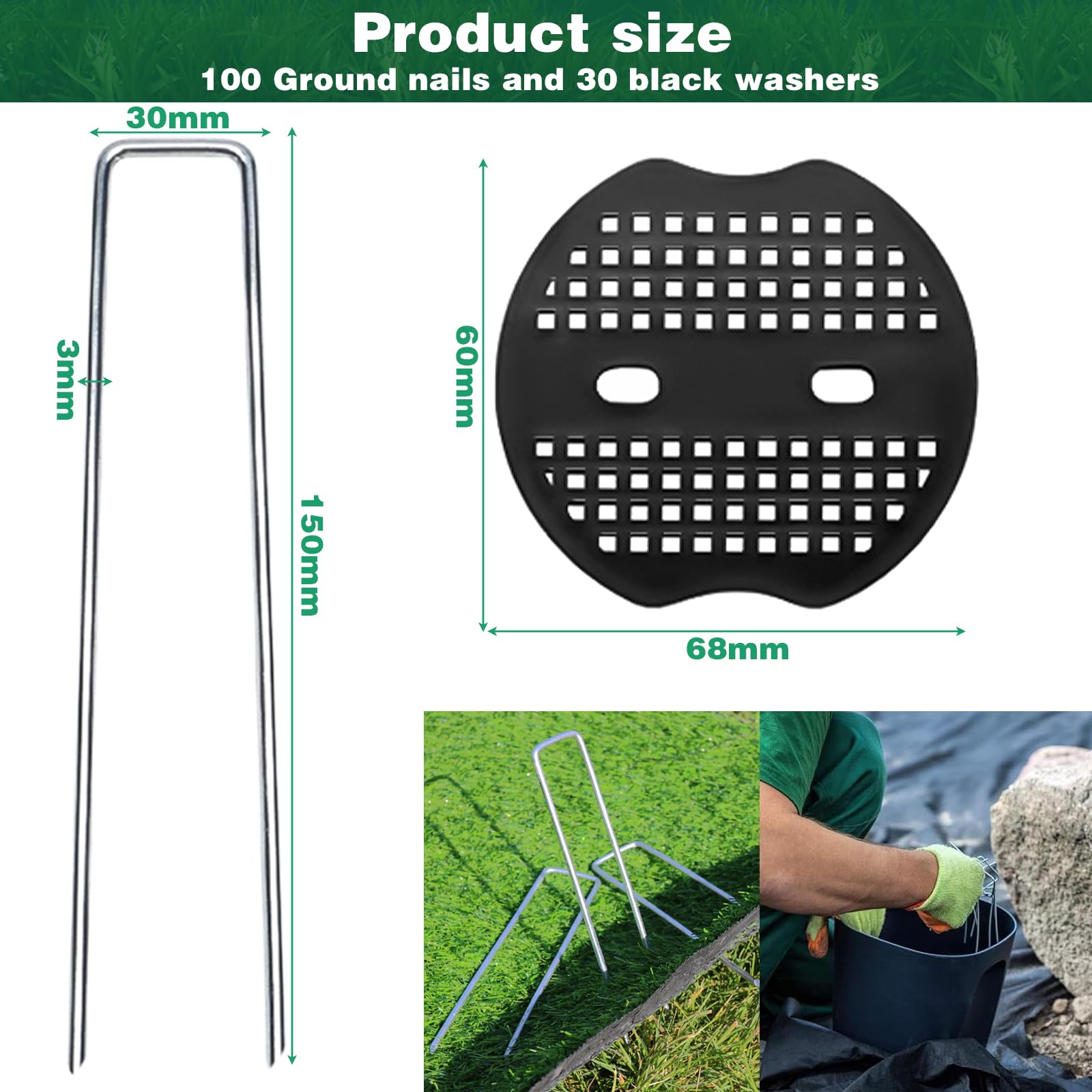 Picchetti per Telo Pacciamatura, 100 Picchetti Giardino + 100 Rondelle, in Acciaio, 150x40x2mm, Fissaggio per Tessuto, Erba Artificiale, Prato Sintetico, Tenda da Campeggio