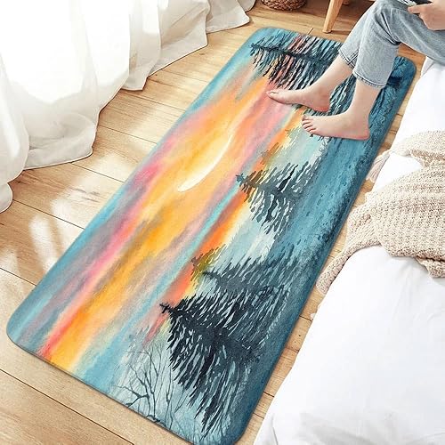Vista 8 de Alfombras de baño de franela con diseño de árbol arbolado azul y gris, antideslizante, tapete de baño con diseño de paisaje natural, accesorios