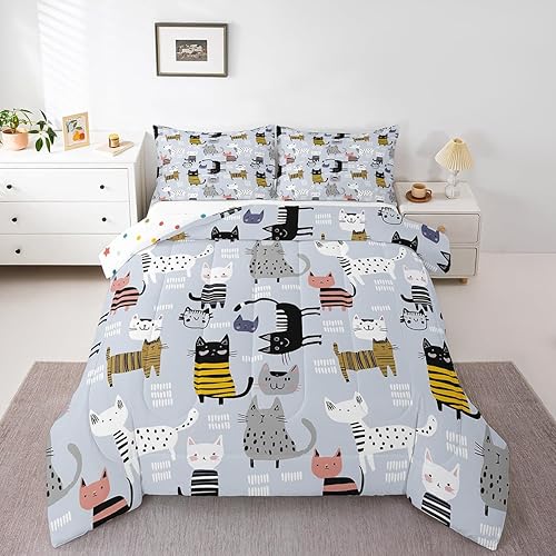 Erosebridal Lindo juego de edredón de gatito azul tamaño King para niñas adolescentes, juegos de ropa de cama y colecciones con temática de animales