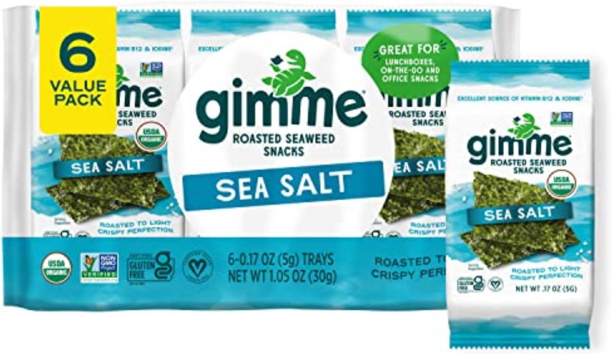 Gimme Seaweed Organic Premium Roasted Seaweed Snacks, Sea Salt, 6 Count, Keto, Vegan, Gluten-Free, Great Source of Omega3s and Iodine, Healthy On-The-Go Snack for Kids and Adults