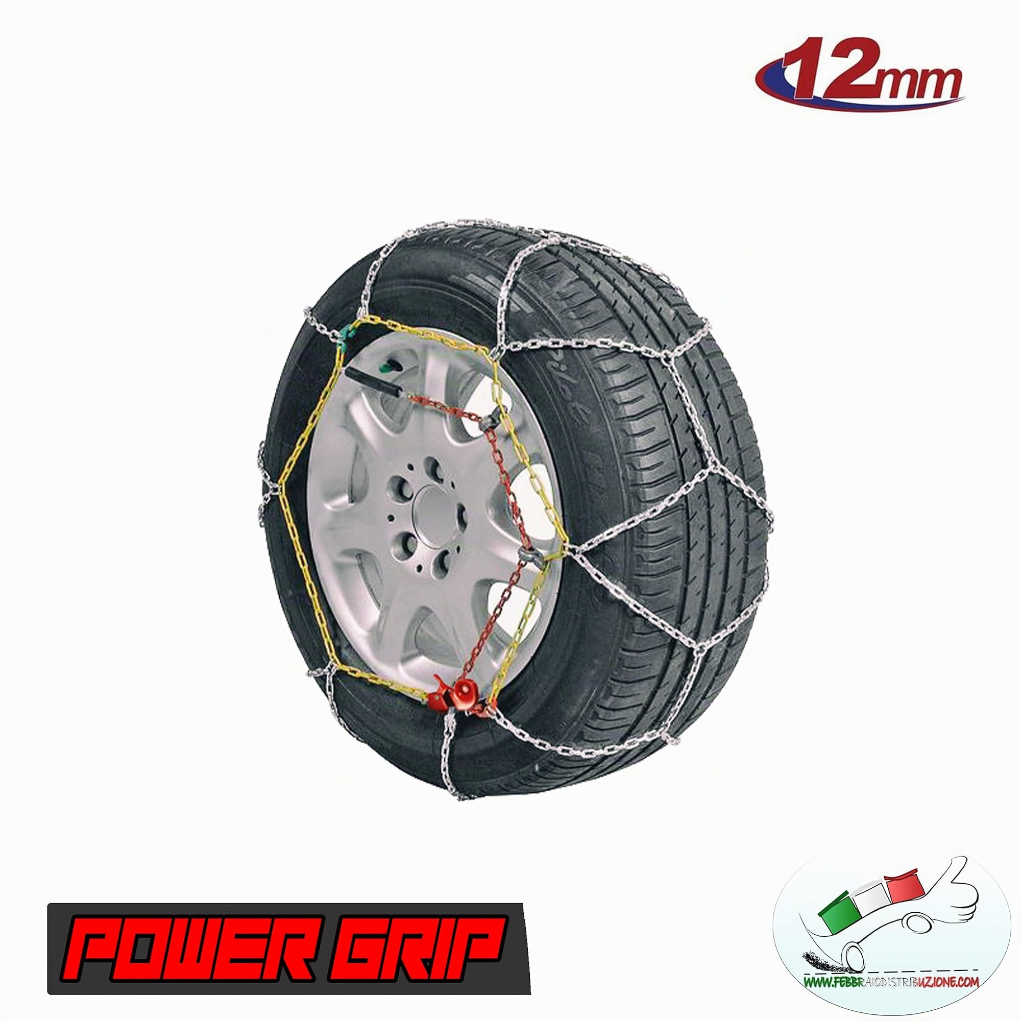 Catene da Neve 12mm Omologate TÜV GS Onorm Gruppo 100 Lega di Acciaio Montaggio Facile con Tensore Auto-bloccante Compatibile con Varie Misure di Pneumatici POWER GRIP