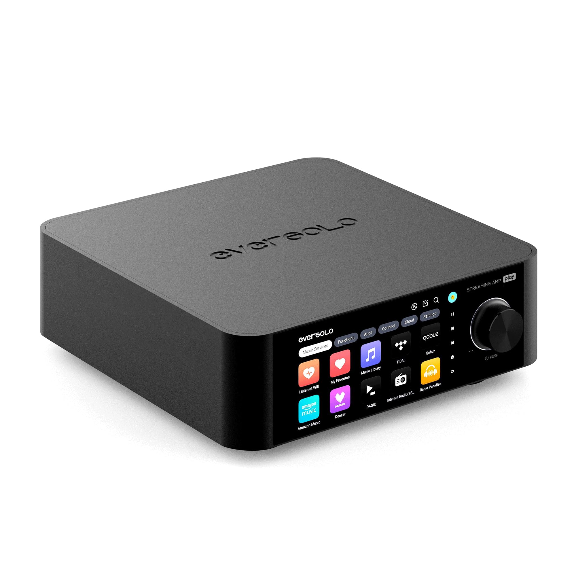 EVERSOLO Play Lecteur de Musique Tout-en-Un avec Amplificateur | Écran Tactile de 5,5 Pouces, Prise en Charge Multiroom et Correction de Pièce, Diffusion Tidal, Qobuz et Plus | Noir(Édition Standard)