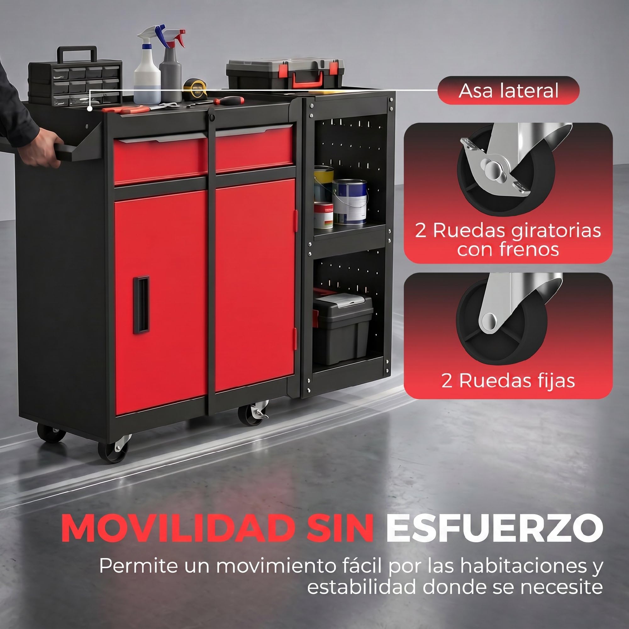 HOMCOM Carro de Herramientas con 5 Cajones 3 en 1 Cerradura Negro y Rojo | Caja de Taller Metálica, Soporte Lateral, Armario Inferior, Paneles Perforados, Asa, 2 Ruedas con Freno de Bloqueo