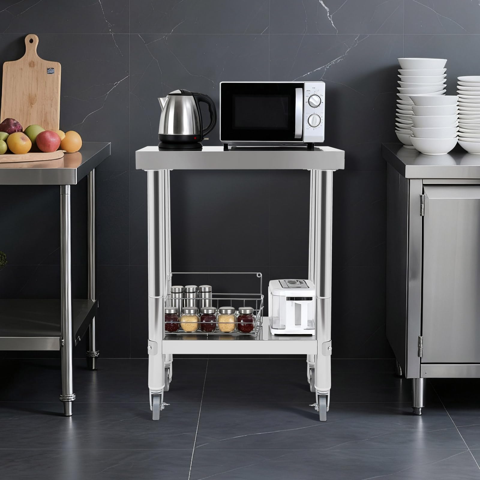 Mesa de trabajo de acero inoxidable, mesa de cocina con 4 ruedas, mesa de cocina con capacidad de carga 300 kg, mesa de servicio enrollable para cocina, bar y restaurante (60 x 45 x 85 cm)