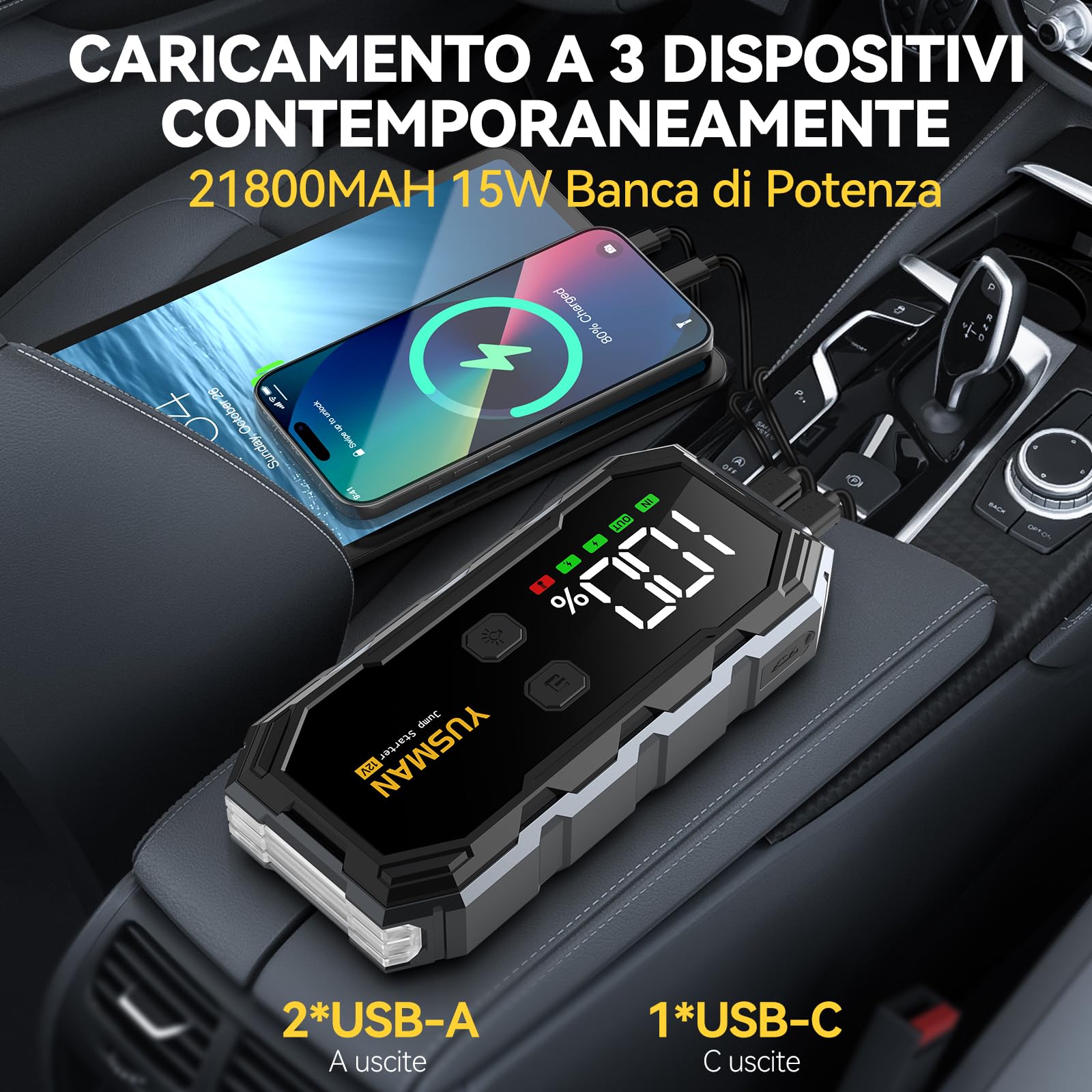 YUSMAN Avviatore Batteria Auto 9000A,12V Booster Avviamento Portatile per Auto benzina e diesel fino a 10.0L, Jump Starter con Cavi Intelligenti, Power Bank USB-C, Torcia LED e Protezioni di Sicurezza