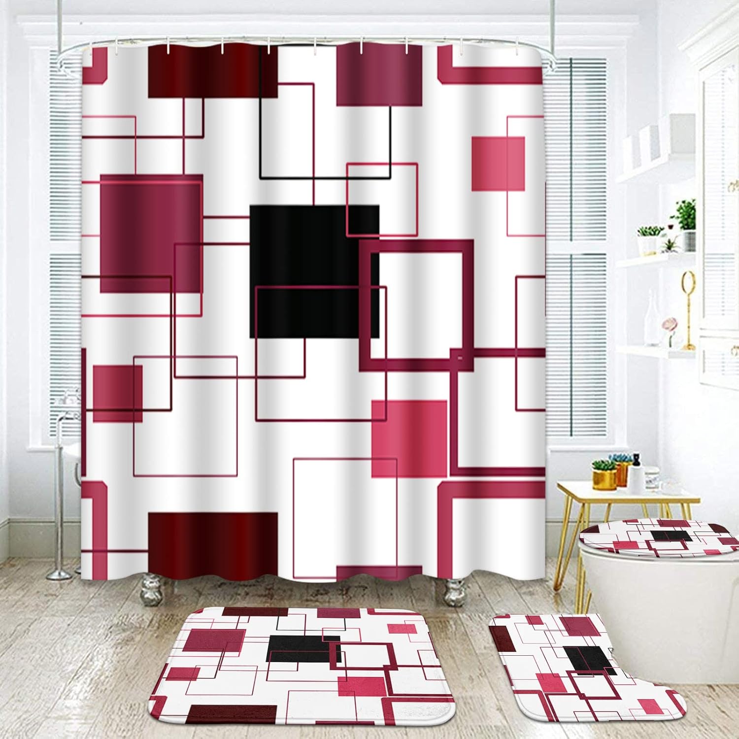 Geometric Plum Red Bathroom Sets with Shower Curtain and