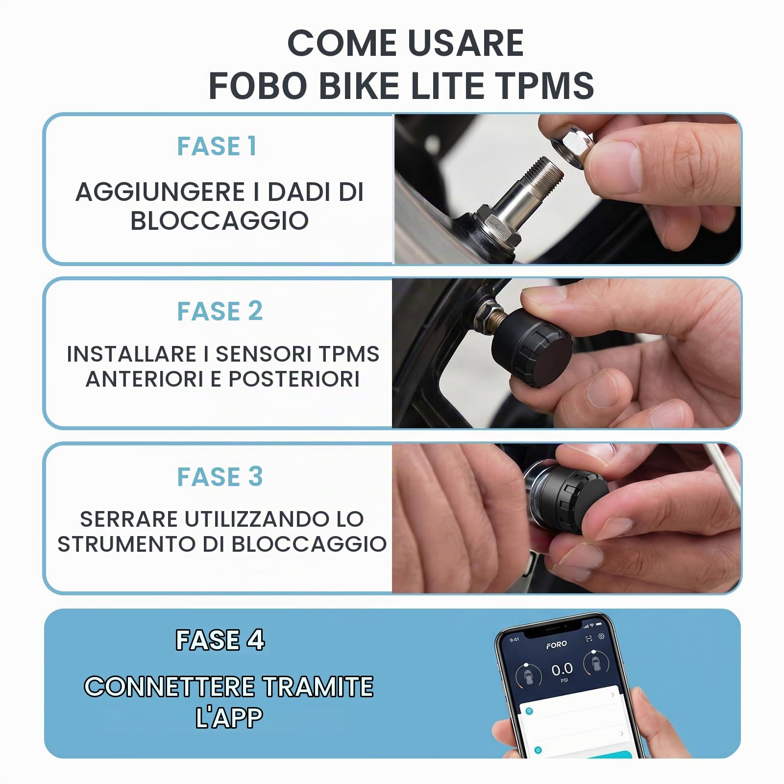 TPMS Moto Sistema Monitoraggio Pressione Pneumatici Bluetooth in Tempo Reale