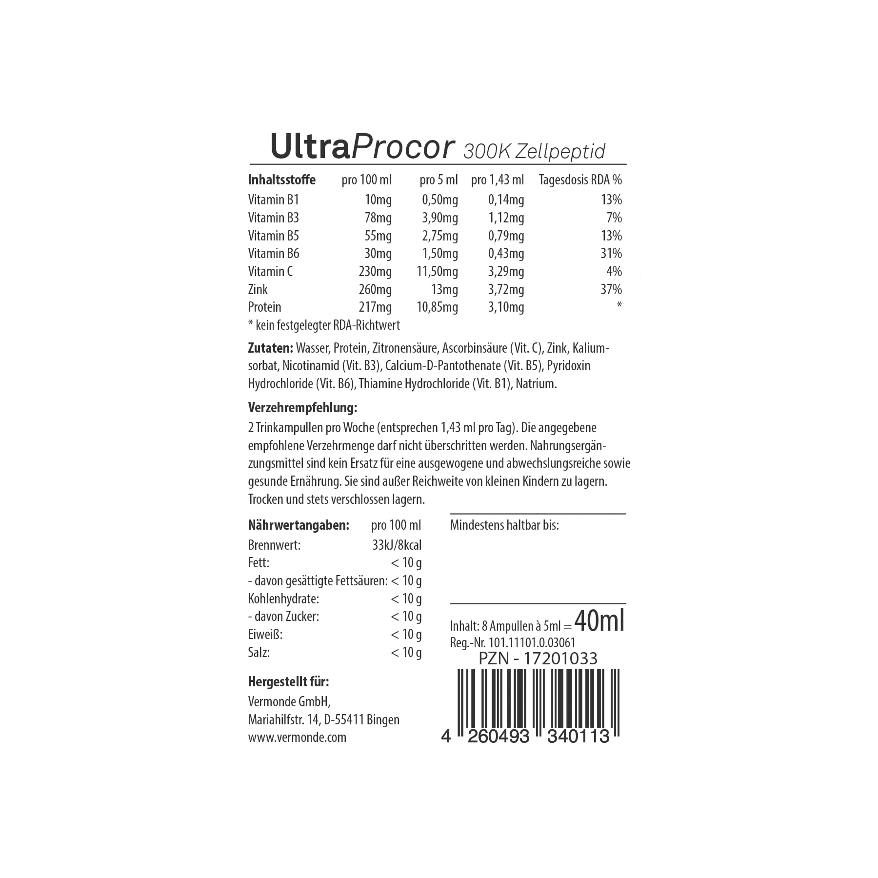 UltraProCor Trinkampullen – Herz stärken & Kreislauf unterstützen – Zur Regeneration von Herzmuskel & Gefäßen – 8x5ml Vermonde
