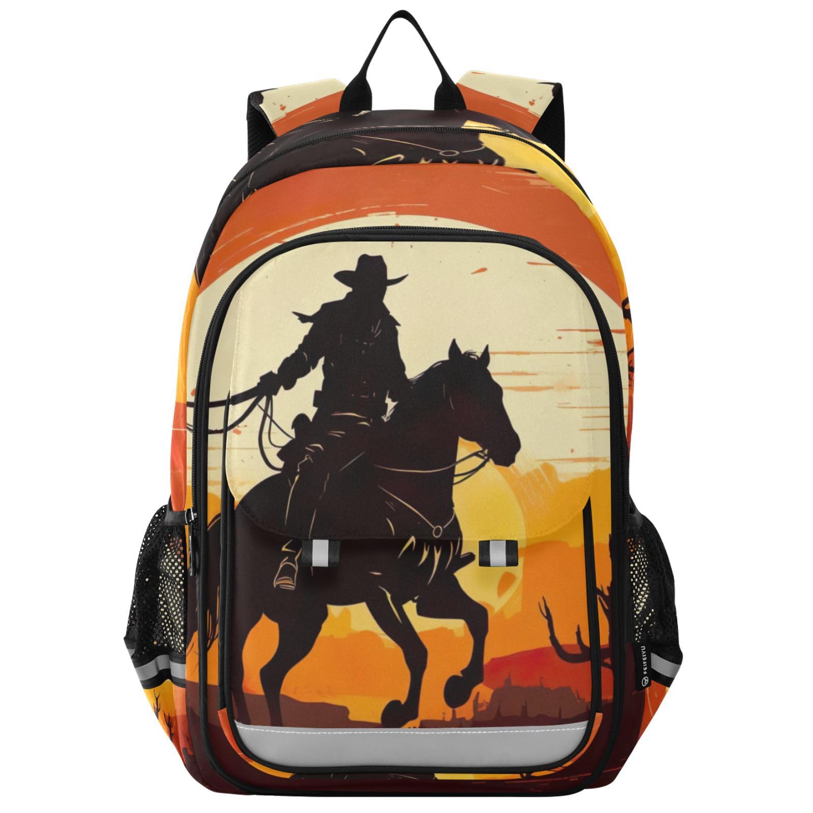 Western Cowboy Sunset School Backpack for Girls-Boys Elementary School Bookbag Daypack for Kids