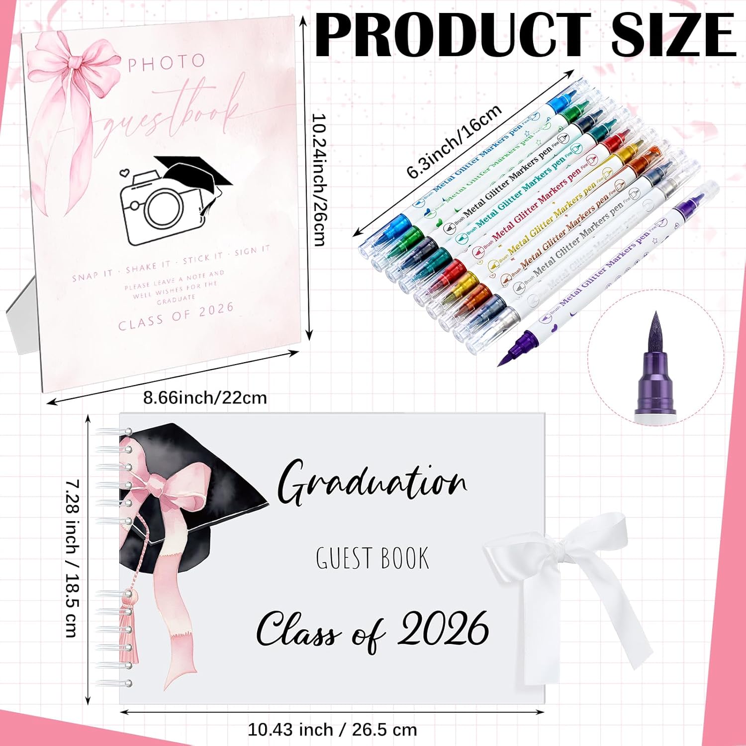 12 Pcs 2026 Graduation Guest Book with Photo Sign Decor 80 Pages Class of 2026 Scrapbook Photo Album with 10 DIY Dual Tip Metallic Markers Pens Gift, Exclude Camere(Pink Bow,Pink,10.4 Inches)
