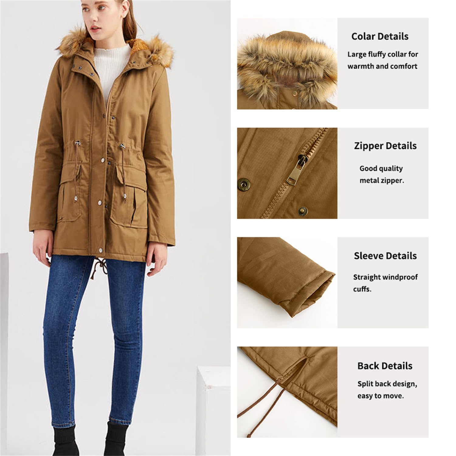Générique Femmes hiver long à capuche Sherpa doublure parka manteau thermique ajustement serré