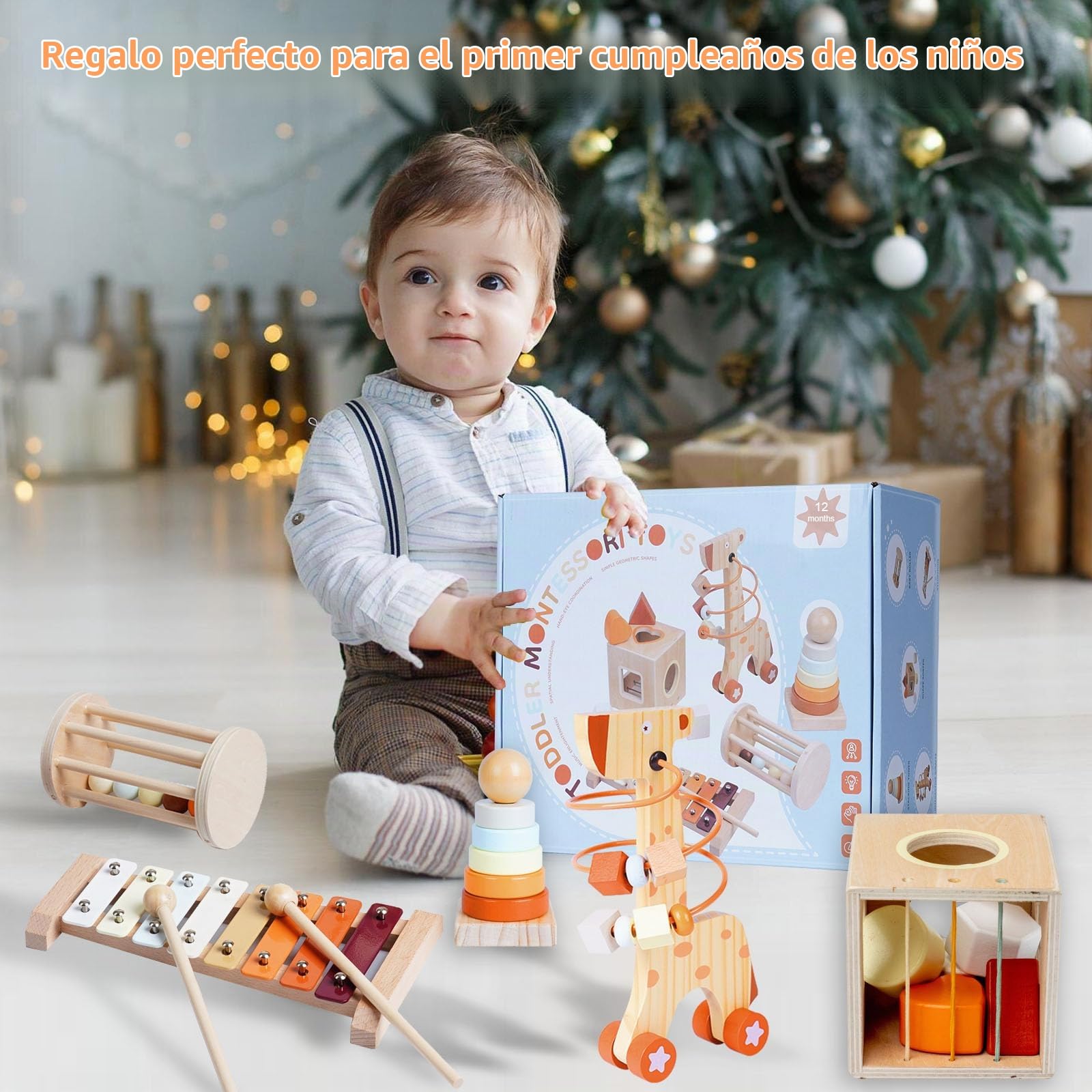Juguetes Madera 5-en-1 para Bebe, Juguetes Montessori 1 Año con Torre Apilable, Instrumentos Musicales Niños, Motricidad Fina, Juguetes Sensoriales Educativos Montessori, Regalo 1 2 3 Años