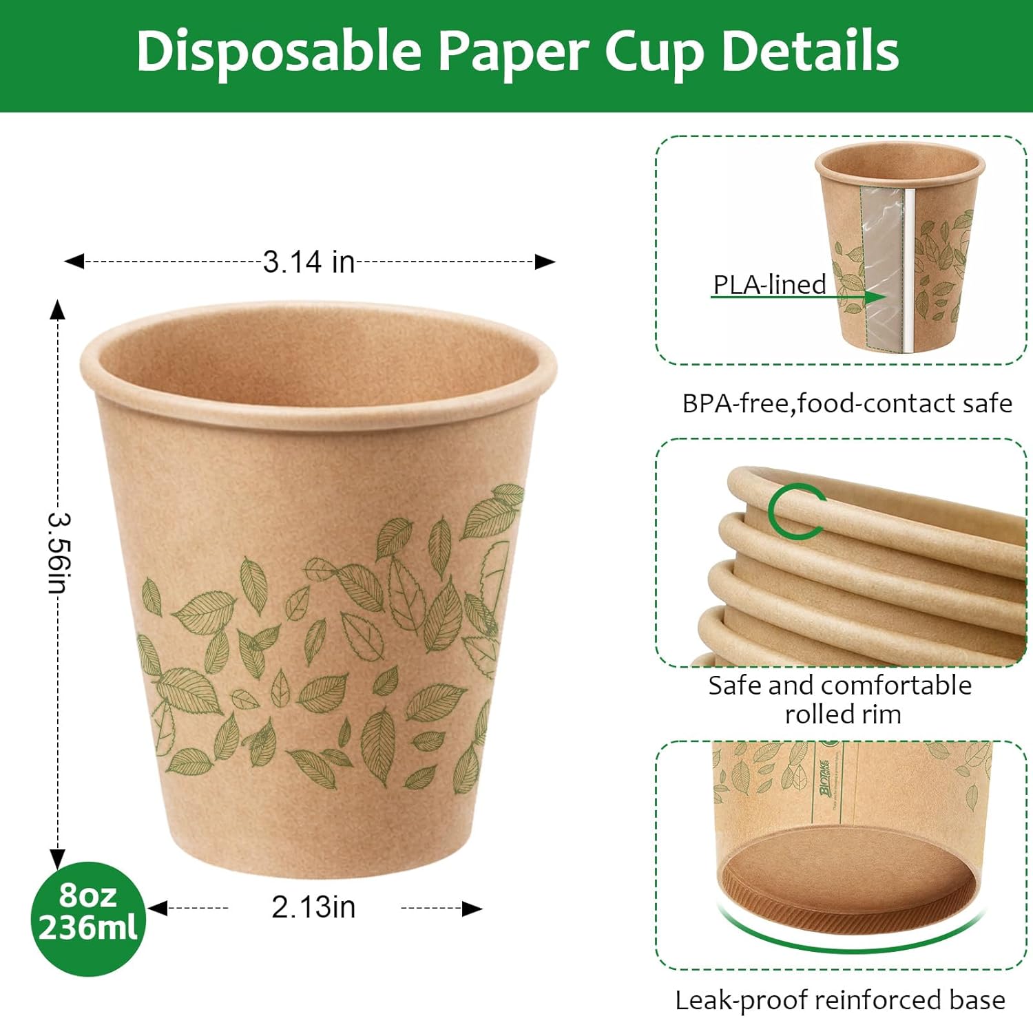 8 oz 300 Count Compostable Paper Cups, BPI Certified Plant-Based Biodegradable Disposable Coffee Cups with PLA Lining, Perfect for Hot & Cold Drinks, Coffee, Party, Office & Daily Use