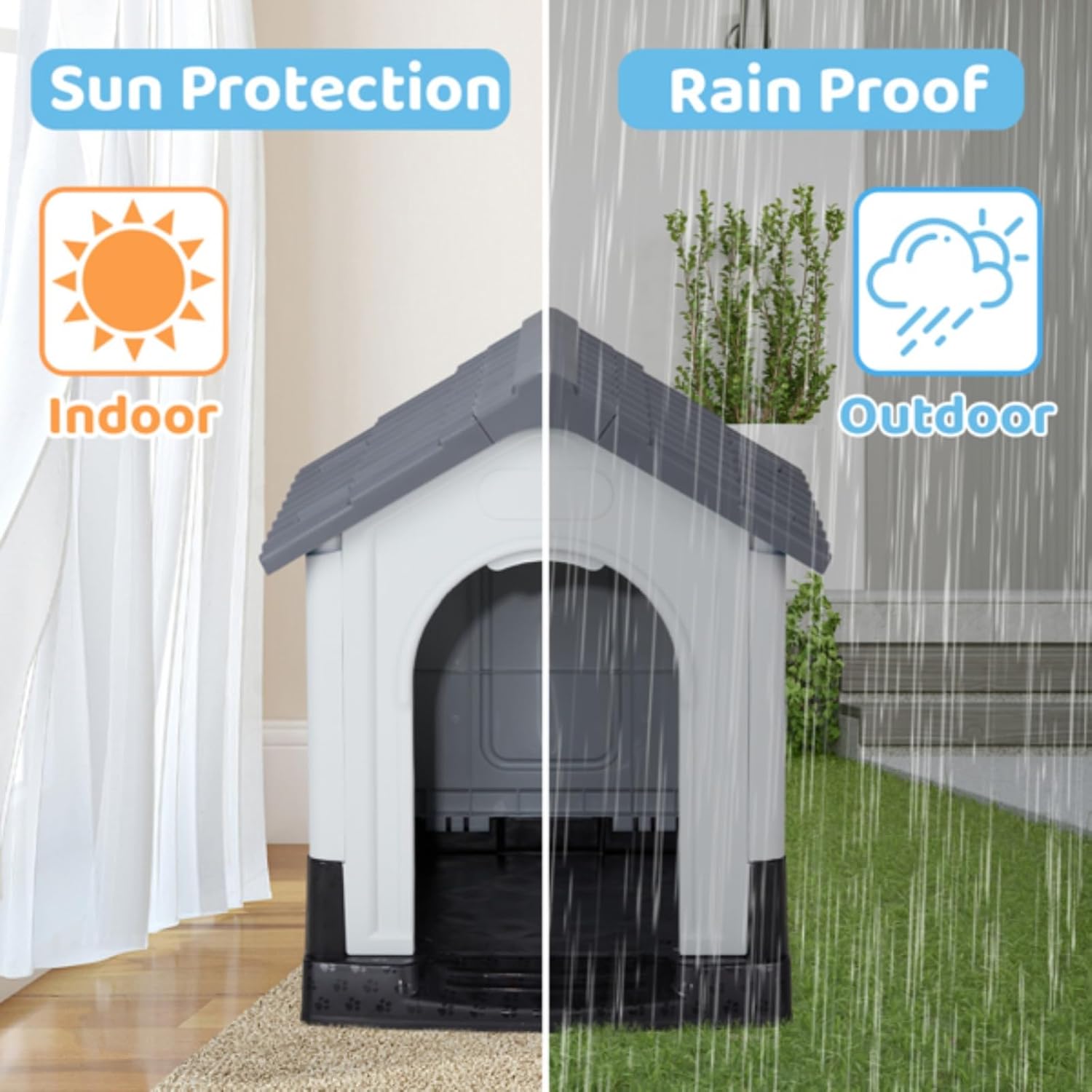 33inch Gray and White PVC Pointed Roof House Type Shutters Cat and Dog House, Durable House for Indoor and Outdoor Use, Weatherproof Pet Plastic Dog House for Dogs and Cats, with Vents and Mats