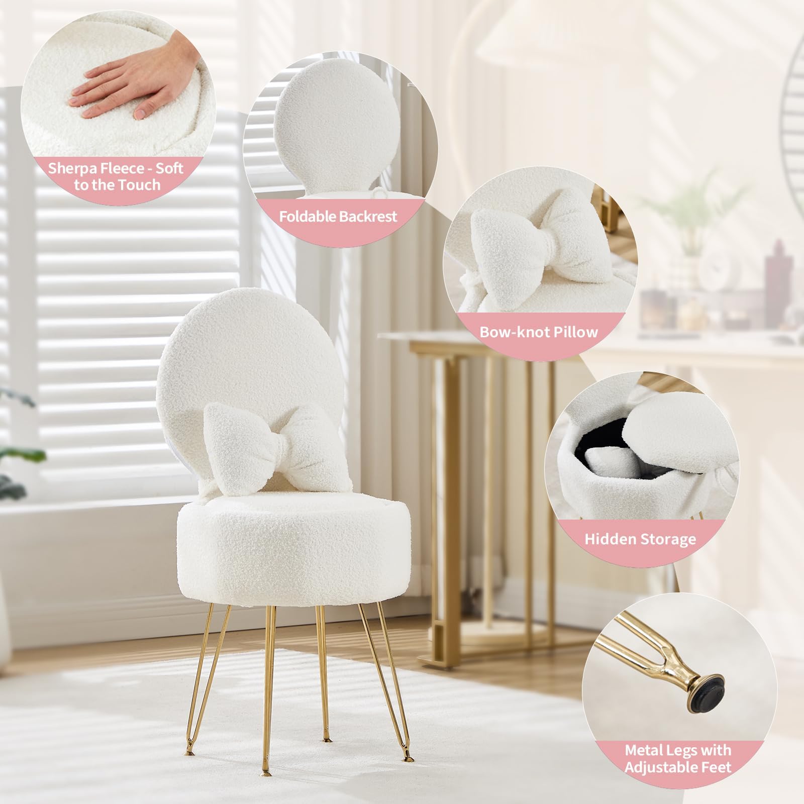 Silla de maquillaje con 9 l de espacio de almacenamiento y respaldo plegable, taburete de maquillaje de felpa Sherpa con cojín, para tocador y dormitorio, color blanco