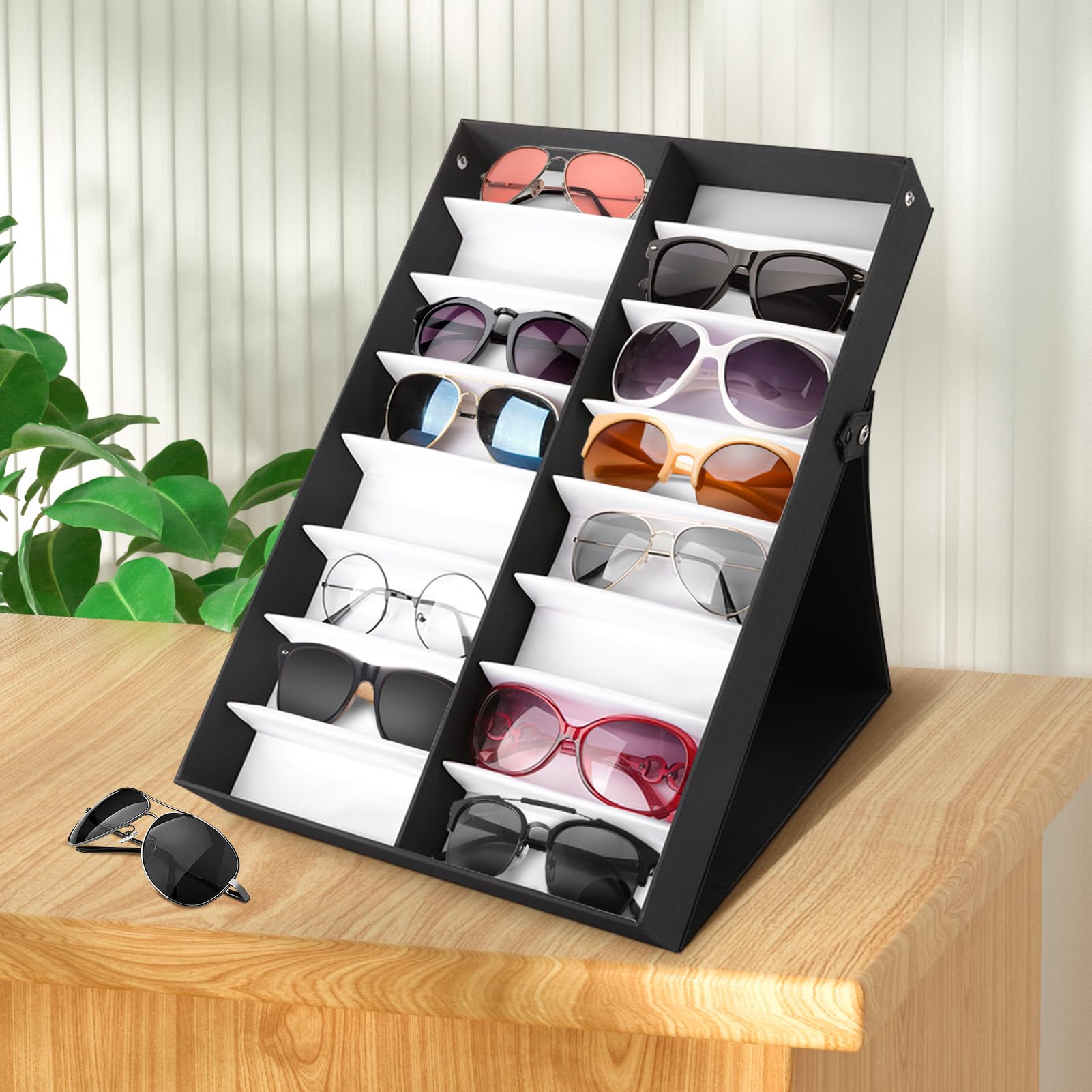 Sonnenbrillen-Organizer, Aufbewahrungsbox, 16 Fächer, Brillen-Vitrine, Aufbewahrungsbox mit Abdeckung, Schmuck-Display, Sammlungshalter für Damen und Herren, 48,5 x 33 x 6,1 cm, Schwarz , 50 * 35 *