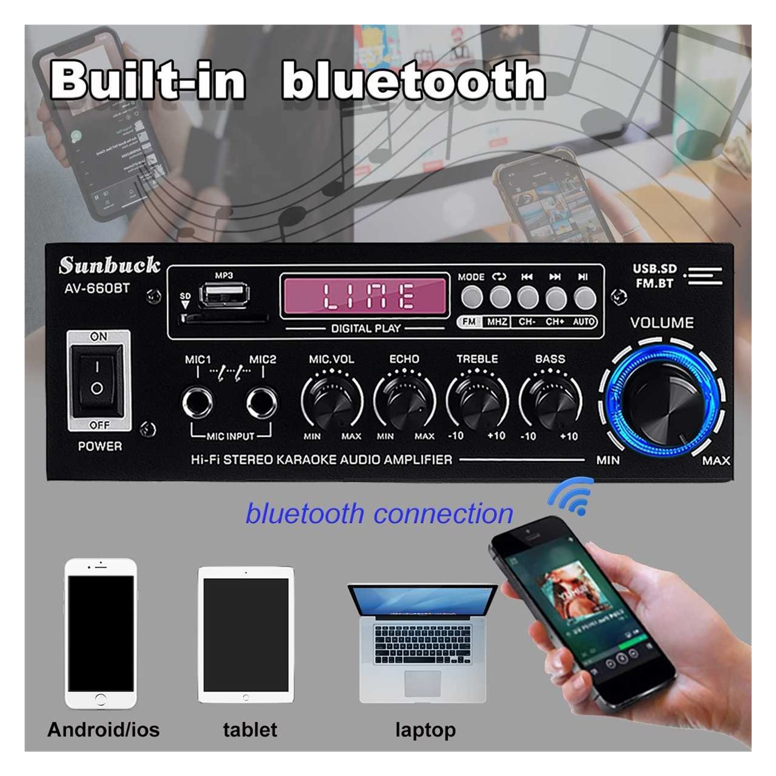 Amplificatore Audio, Amplificatori for auto Bluetooth 5.0 2000W con FM. Amplificatore di amplificatore audio Amplificatore audio Amplificatore veicolo Audio Audio(Noir)